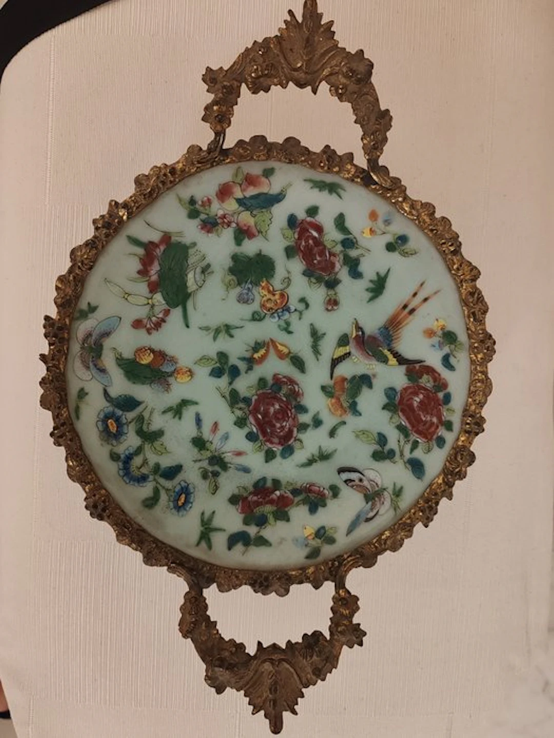 Celadon Chinese porcelain plate 'Famille Rose' mounted in...