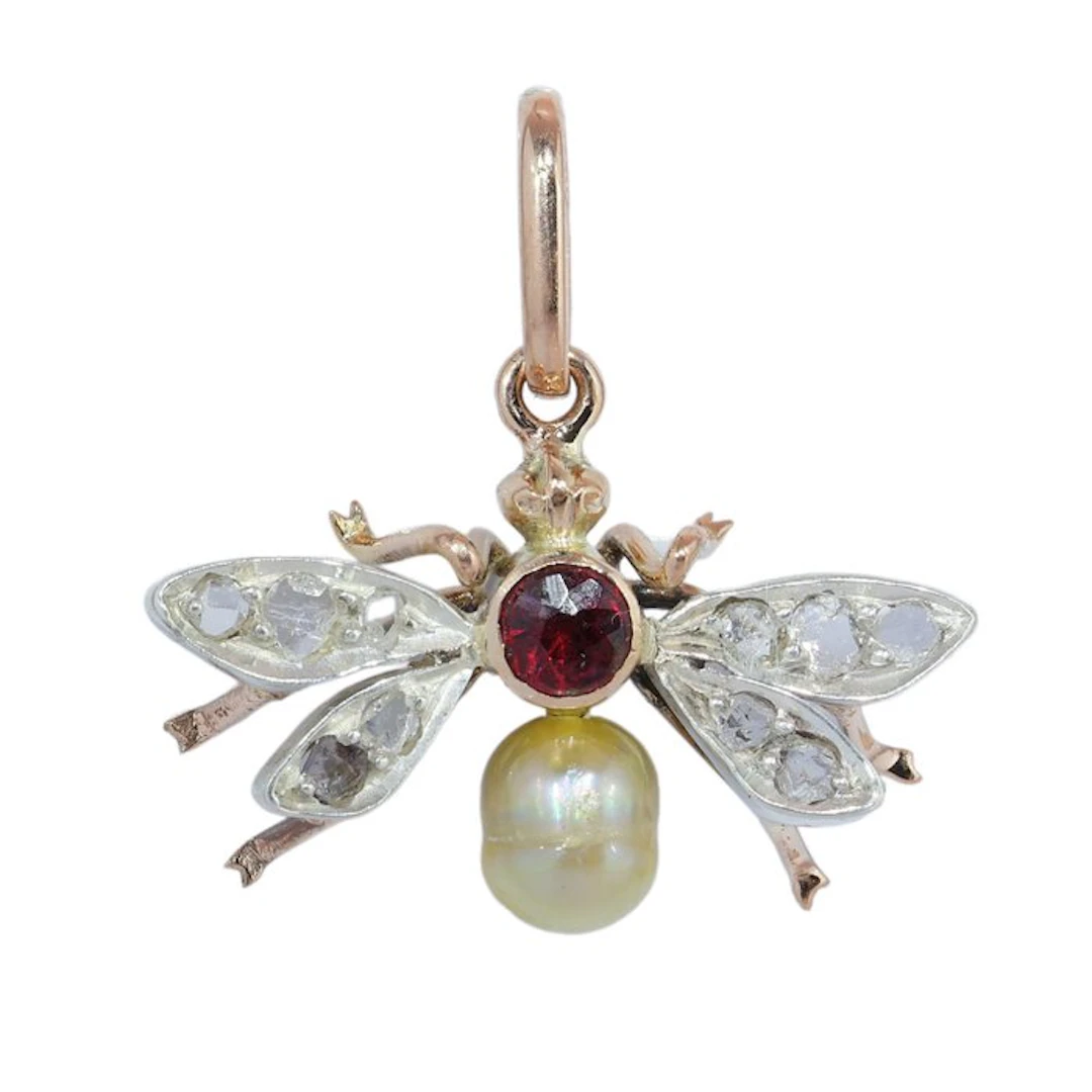 Pendant - 18 kt. Rose gold, Silver - Diamond - Antique ca. 1900 Fly