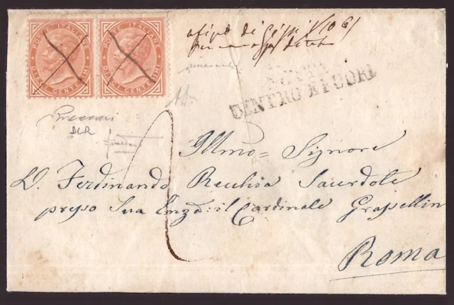 Italy Kingdom 1863 - 40c pair DLR on letter from Gissi...