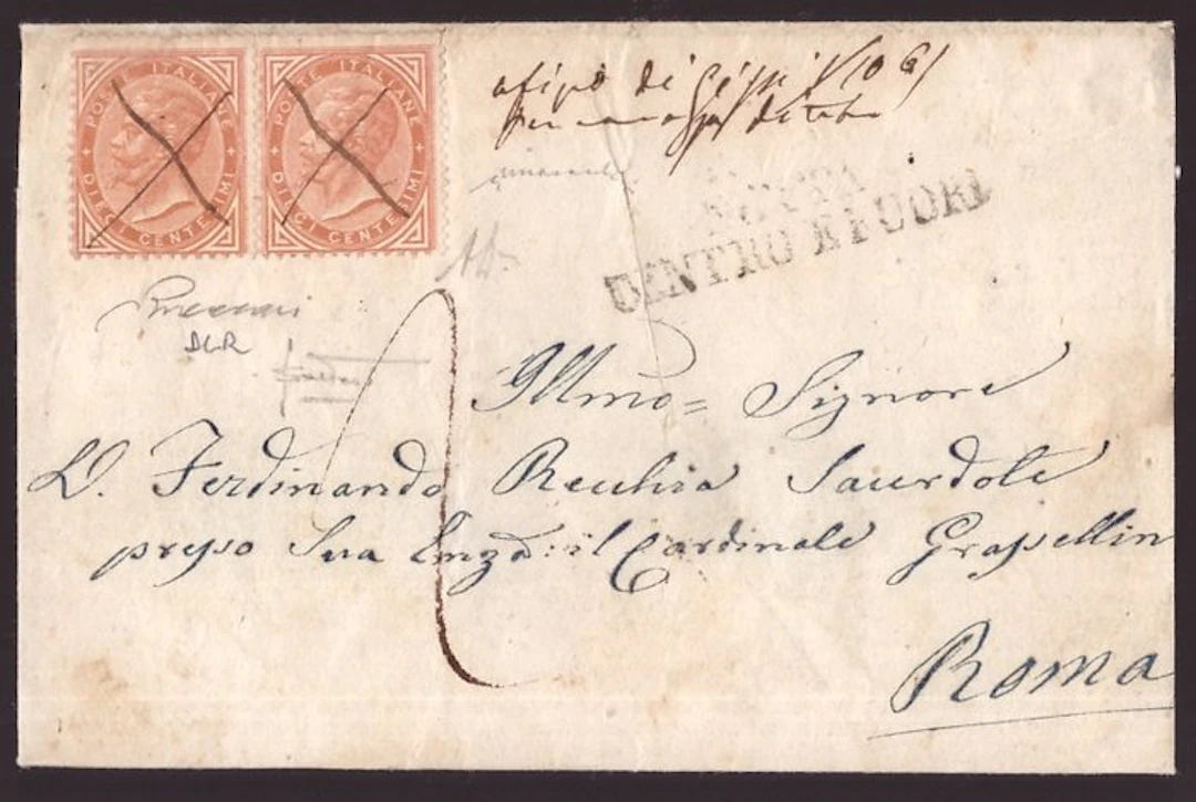 Italy Kingdom 1863 - 40c pair DLR on letter from Gissi...