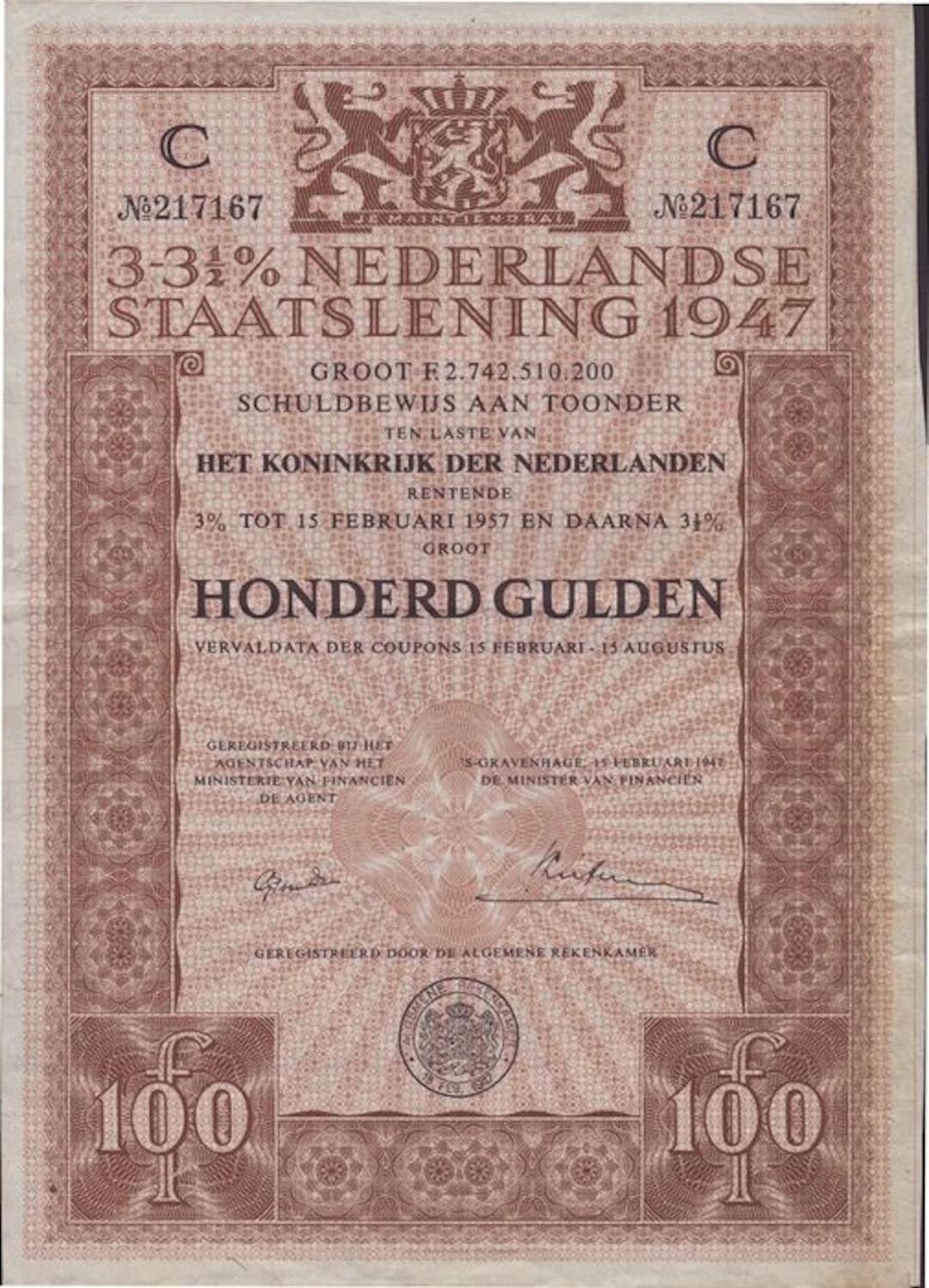 Netherlands. 3% - 3.5% Staatslening - 100 gulden 1947 (No reserve price)