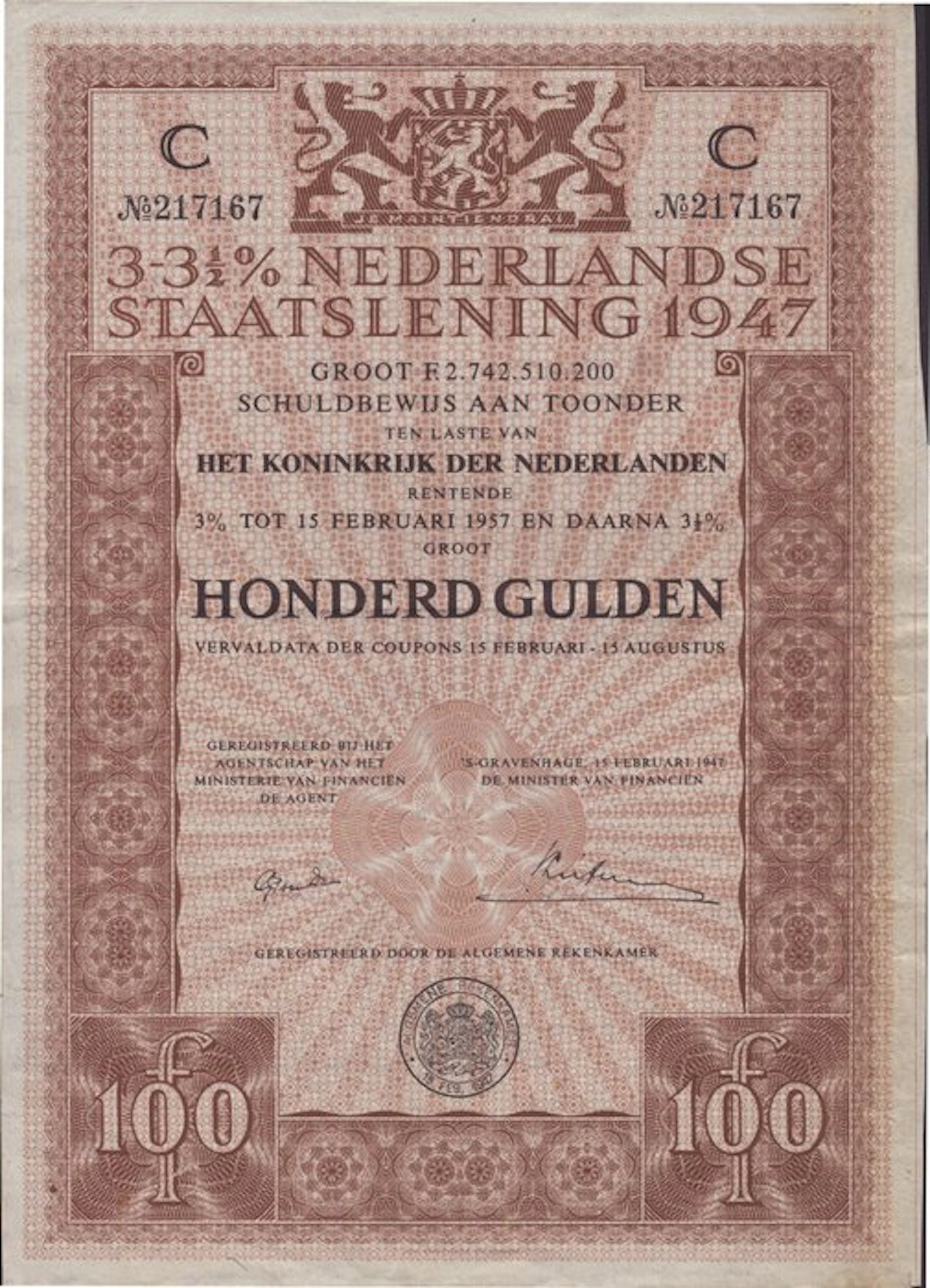 Netherlands. 3% - 3.5% Staatslening - 100 gulden 1947 (No reserve price)