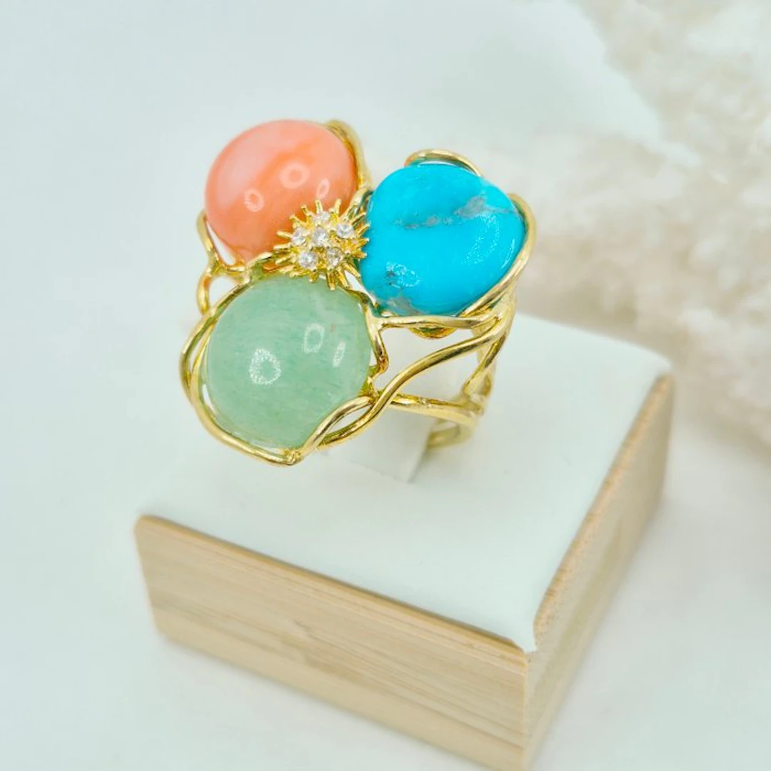 Coral - Silver, Gold-plated - Ring - Turquoise, Coral and Jade