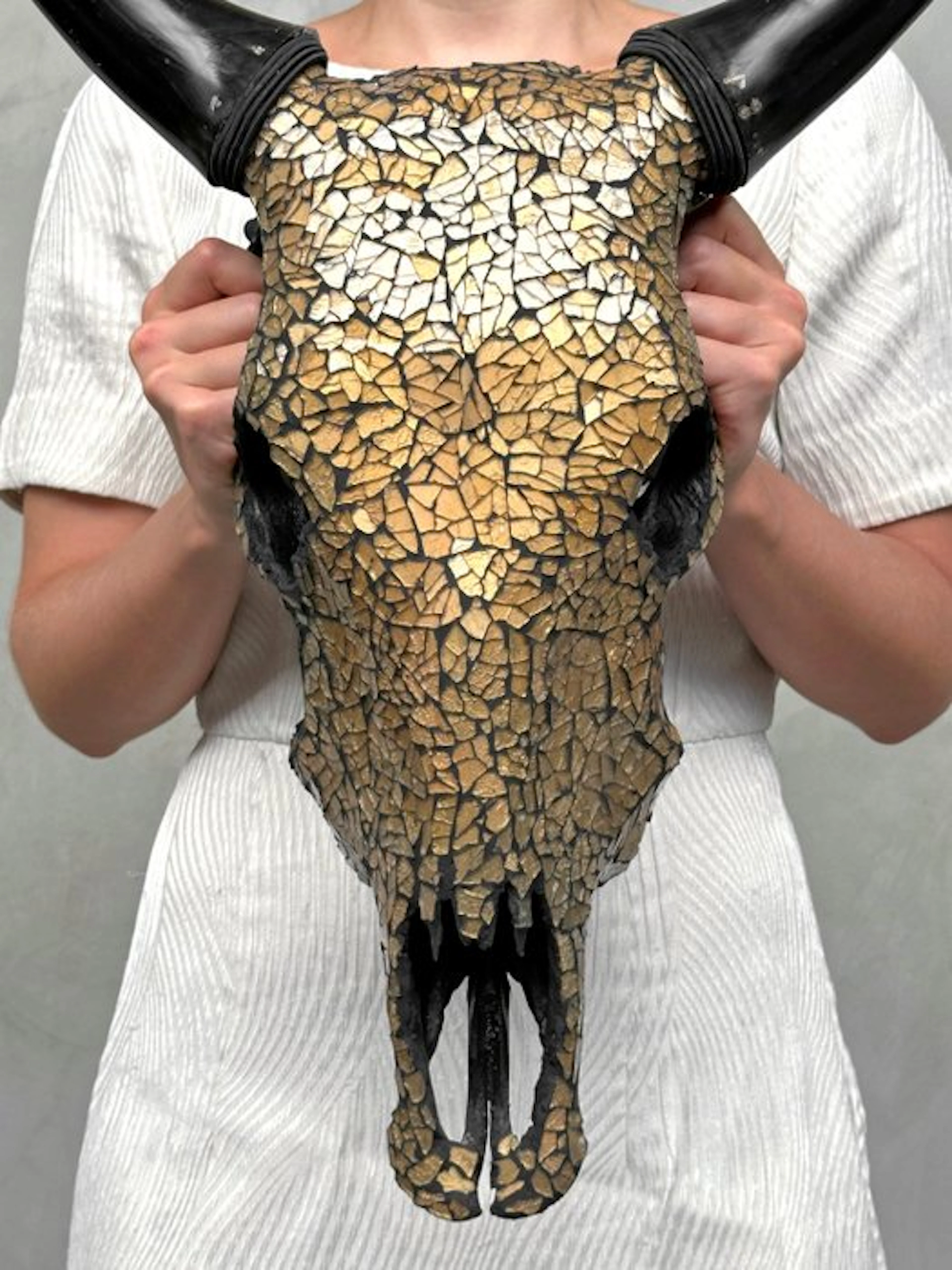 NO RESERVE PRICE - Stunning Cow Skull with glass mosaic...