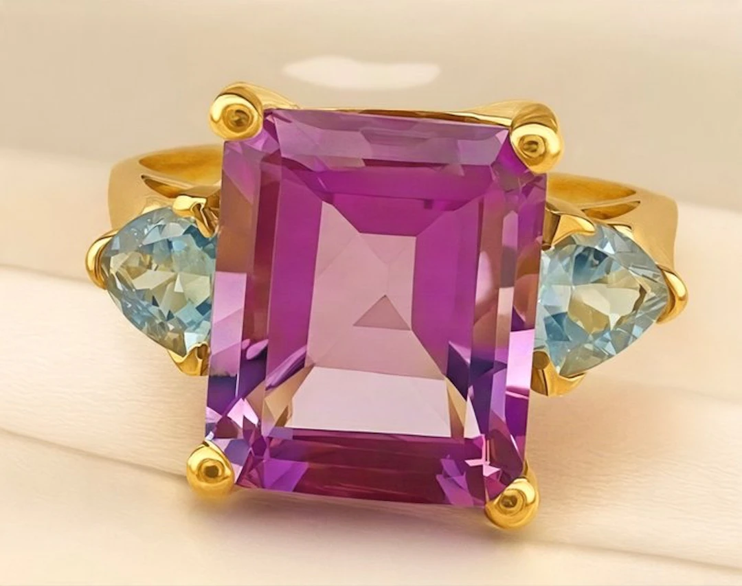 No reserve price - Ring - 9 kt. Yellow gold, Silver Amethyst - Aquamarine