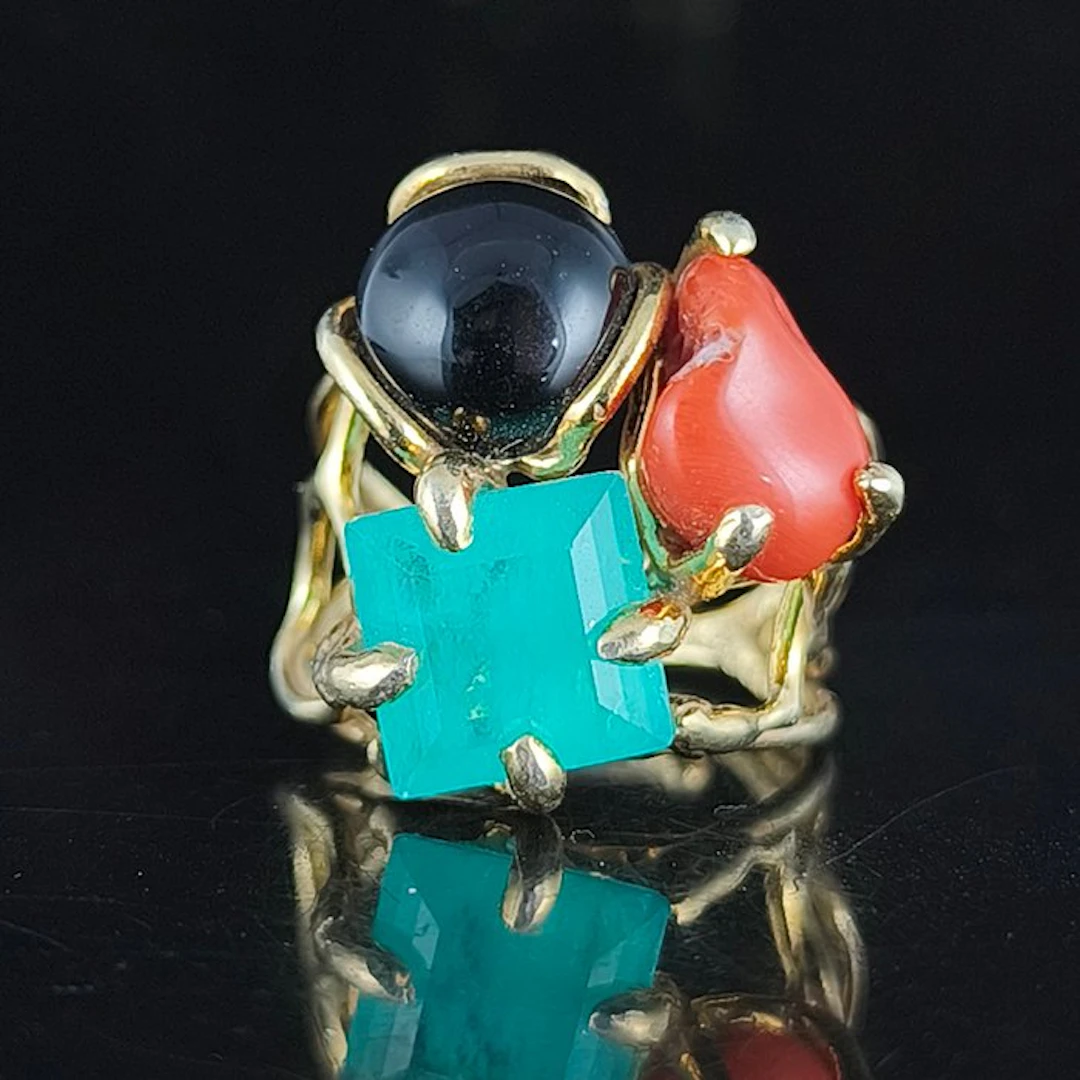 No reserve price - Statement ring Gold-plated, Silver Emerald - Coral