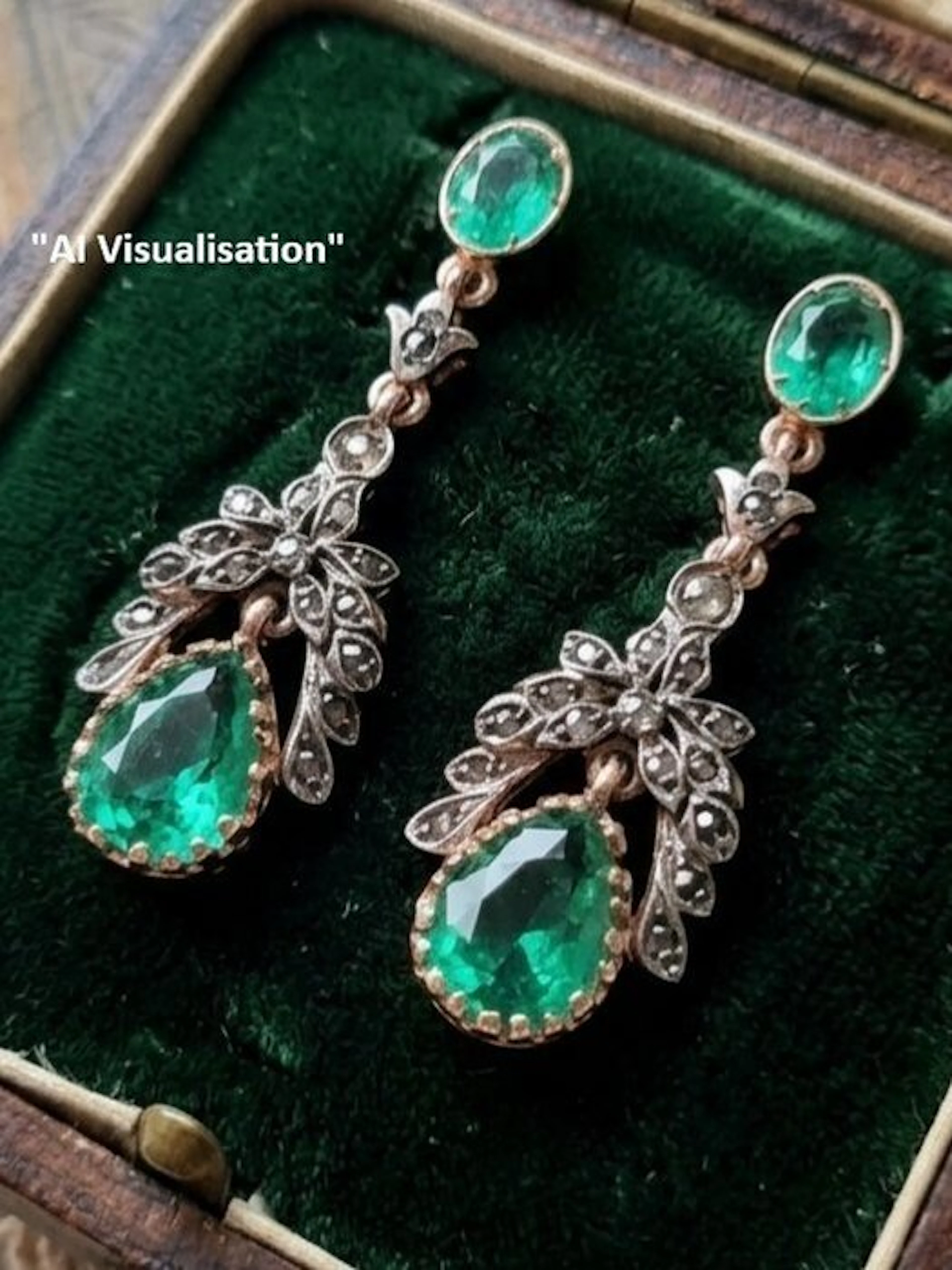 No reserve price - Earrings - 9 kt. Silver, Rose gold Emerald - Diamond