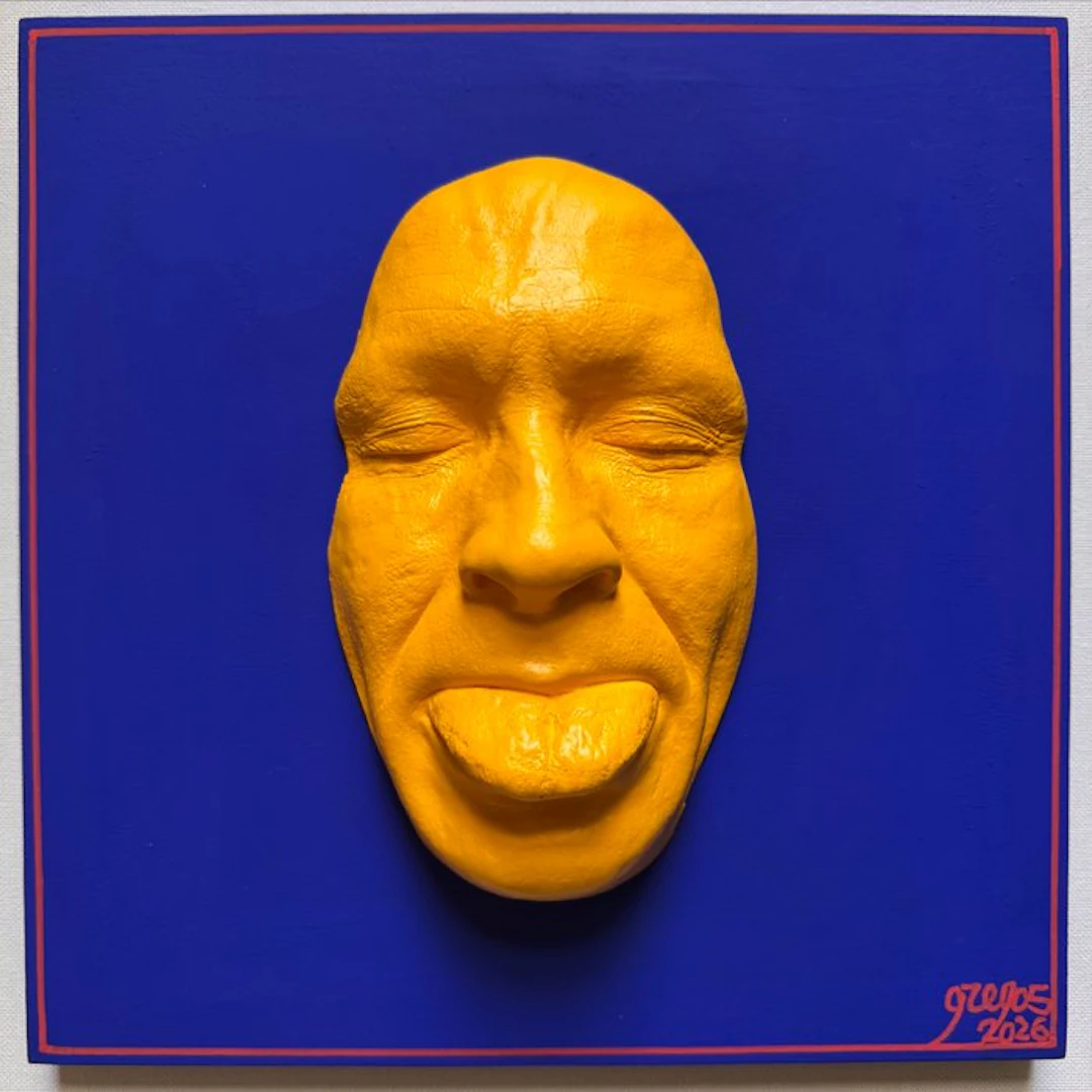 gregos - Yellow mockery on blue background-red line