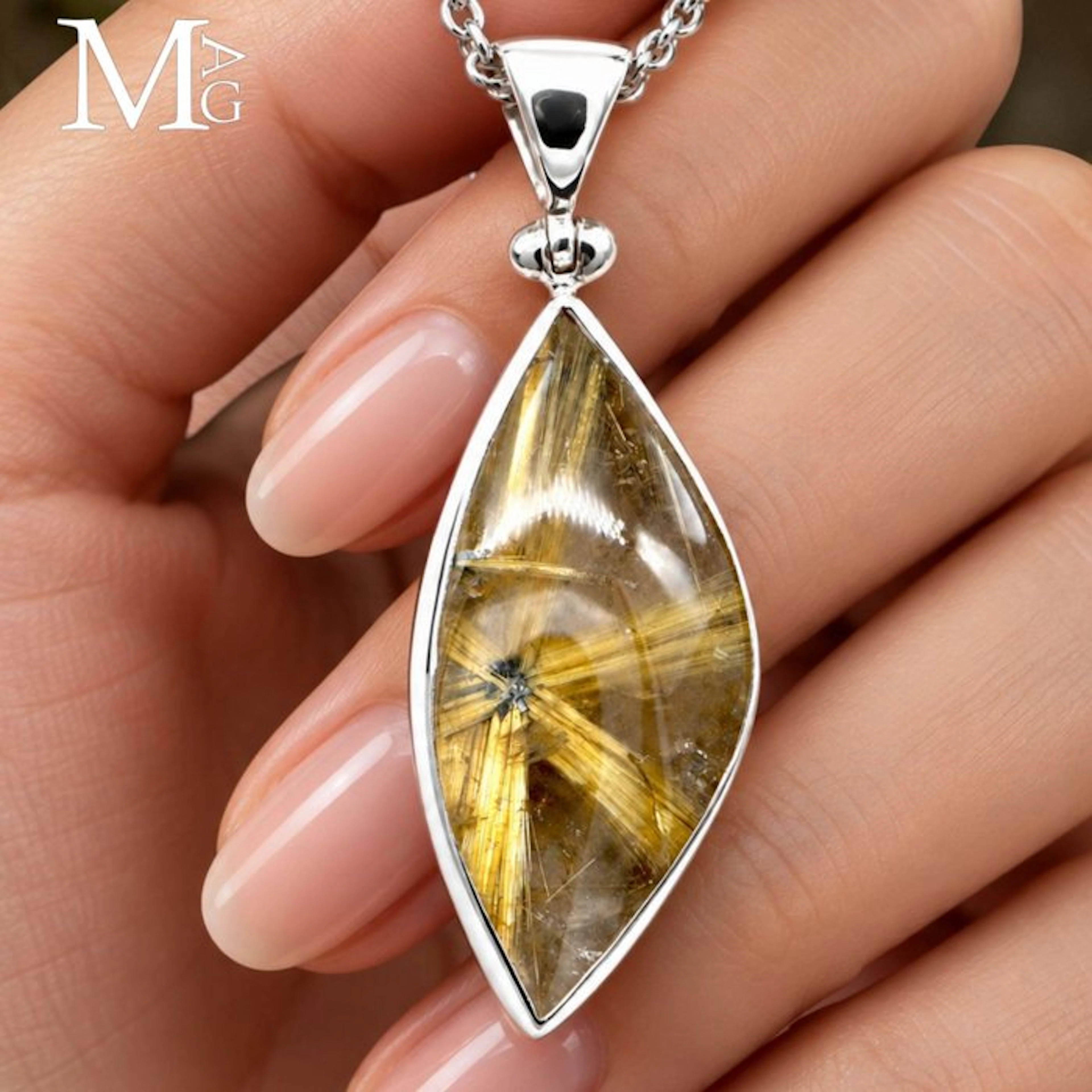 Golden Rutilated Quartz Pendant Natural Hematite Nucleus...
