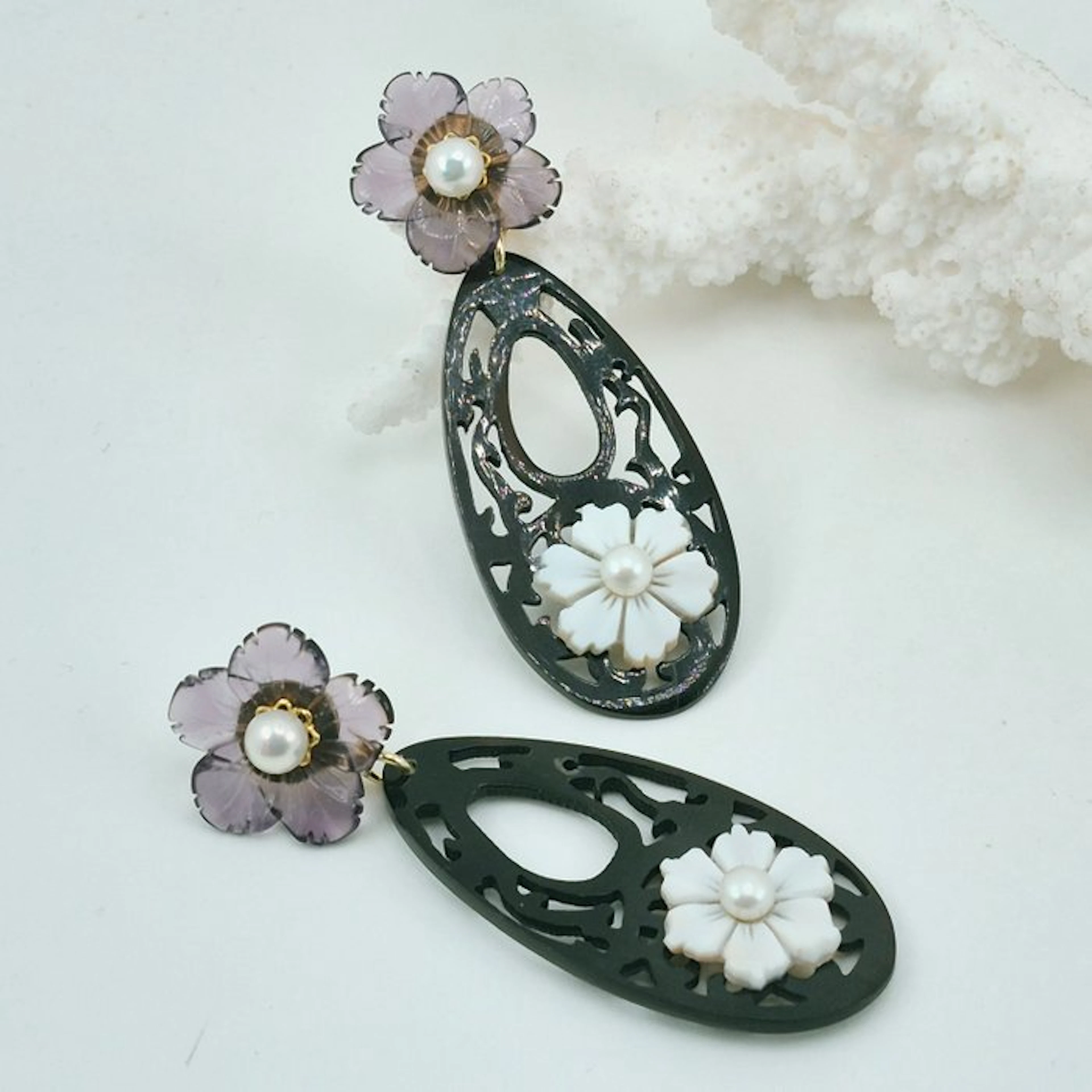 Silver, Gold-plated - Earrings - AMETHYST, HORN AND PEARLS