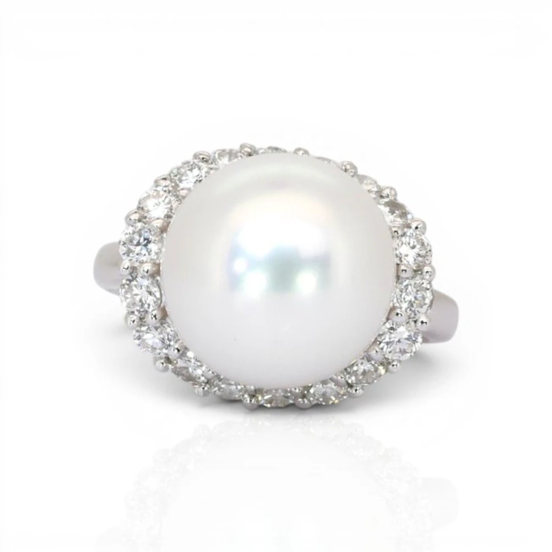 Ring - 18 kt. White gold - 13.11ct. tw. Pearl - Diamond - IGI Certified Ring