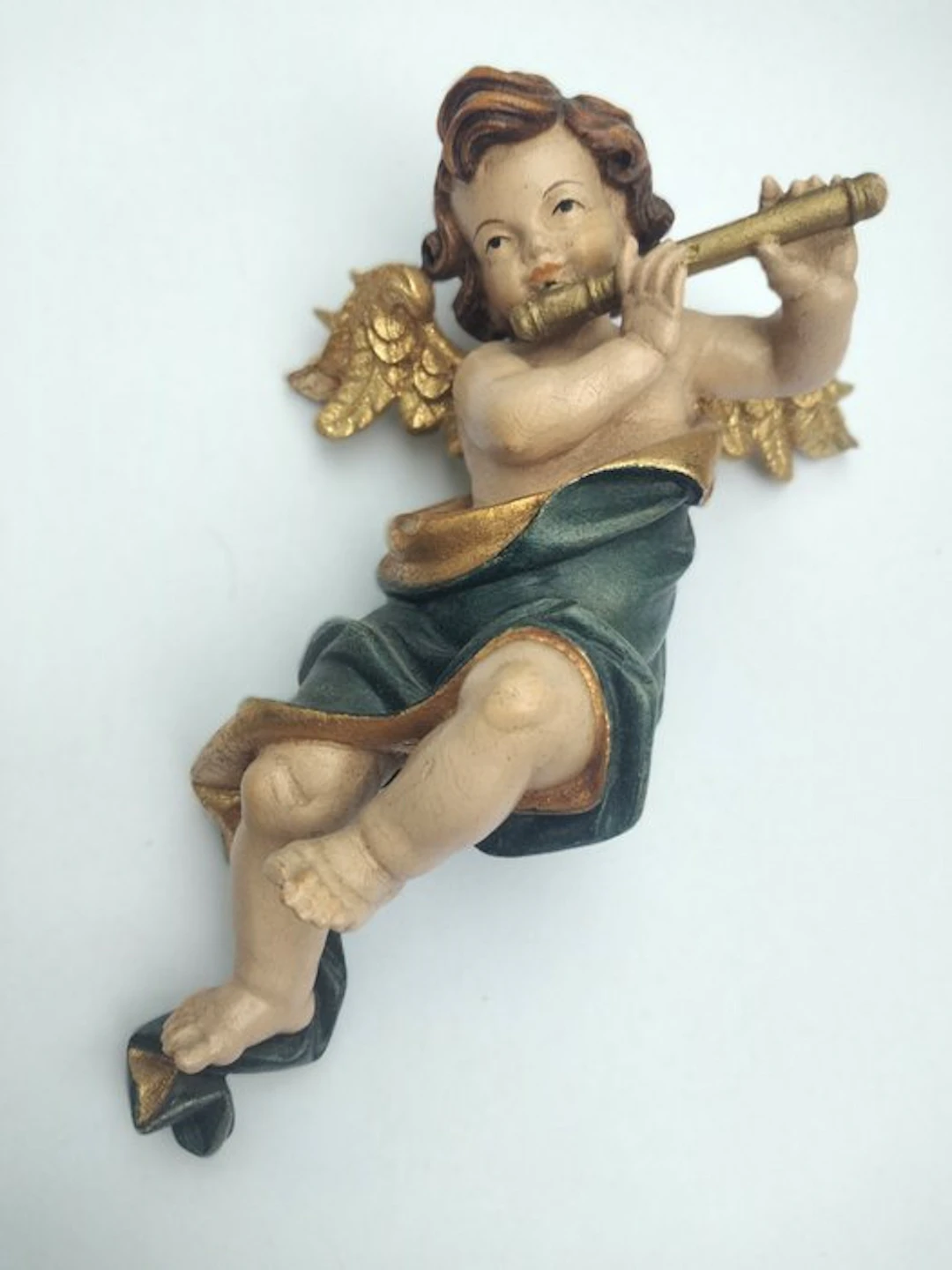 Carving, Holzfigur - farbiger Engel Cherub mit goldenen...