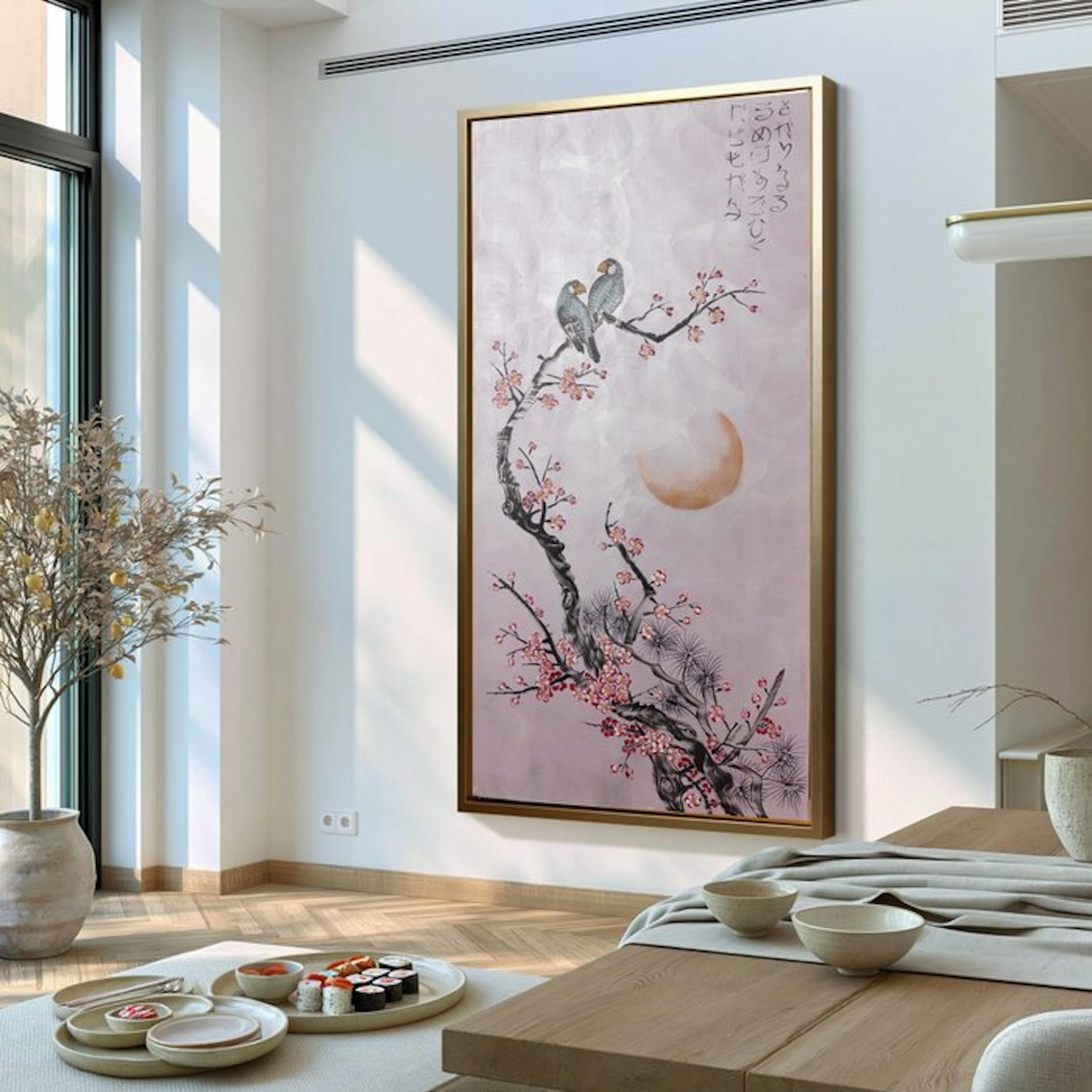 Ksavera - Japanese birds J575 - Silver lilac painting on XXL canvas 210cm