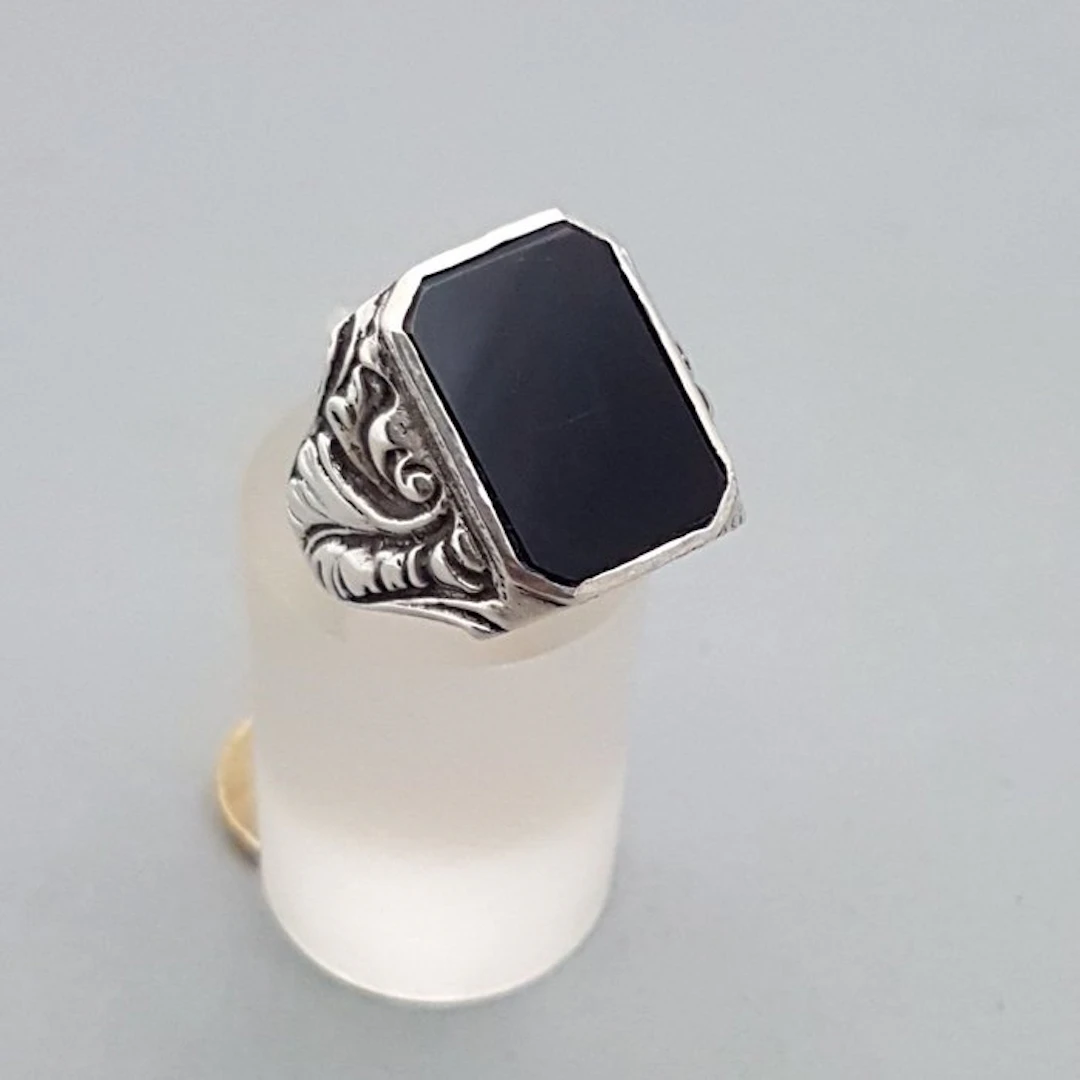 Silver, Large Art Deco signet ring, onyx - Ring