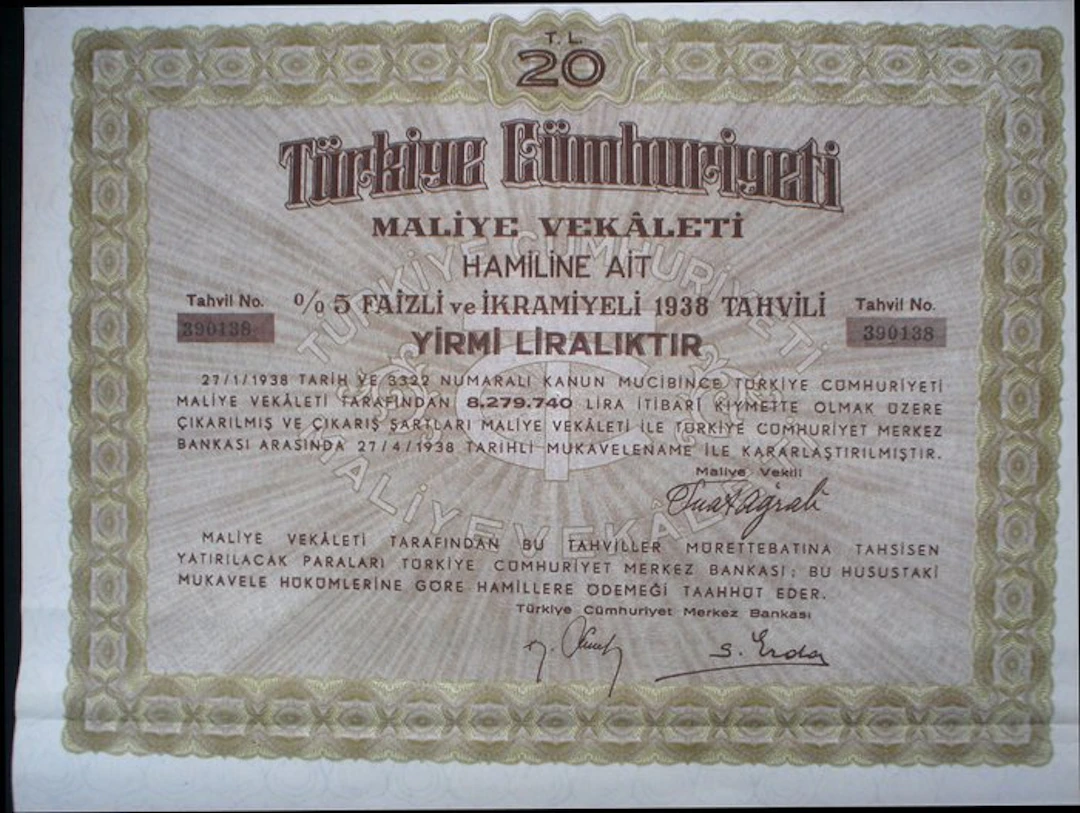 Samling - obligationer eller aktier - Turkiet 5% obligation från Finansministeriet till 20 lira, 1938 ej inlöst + kuponger