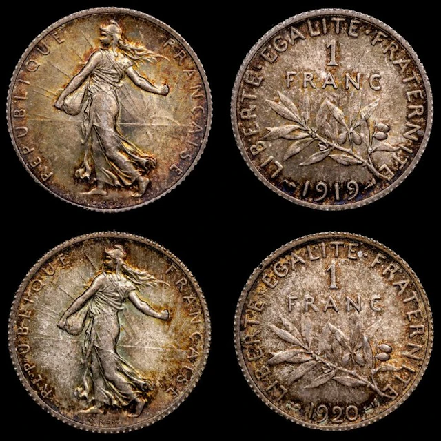 Francia Tercera República. 1 Franc 1919 - 1920 (2 monedas) (No reserve price)
