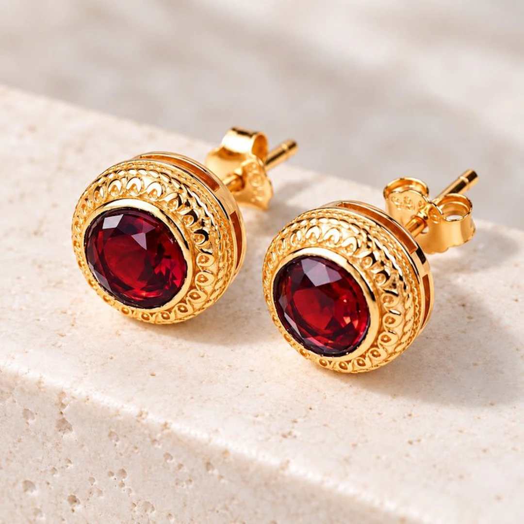 No reserve price - Earrings Silver - Garnet - Certified