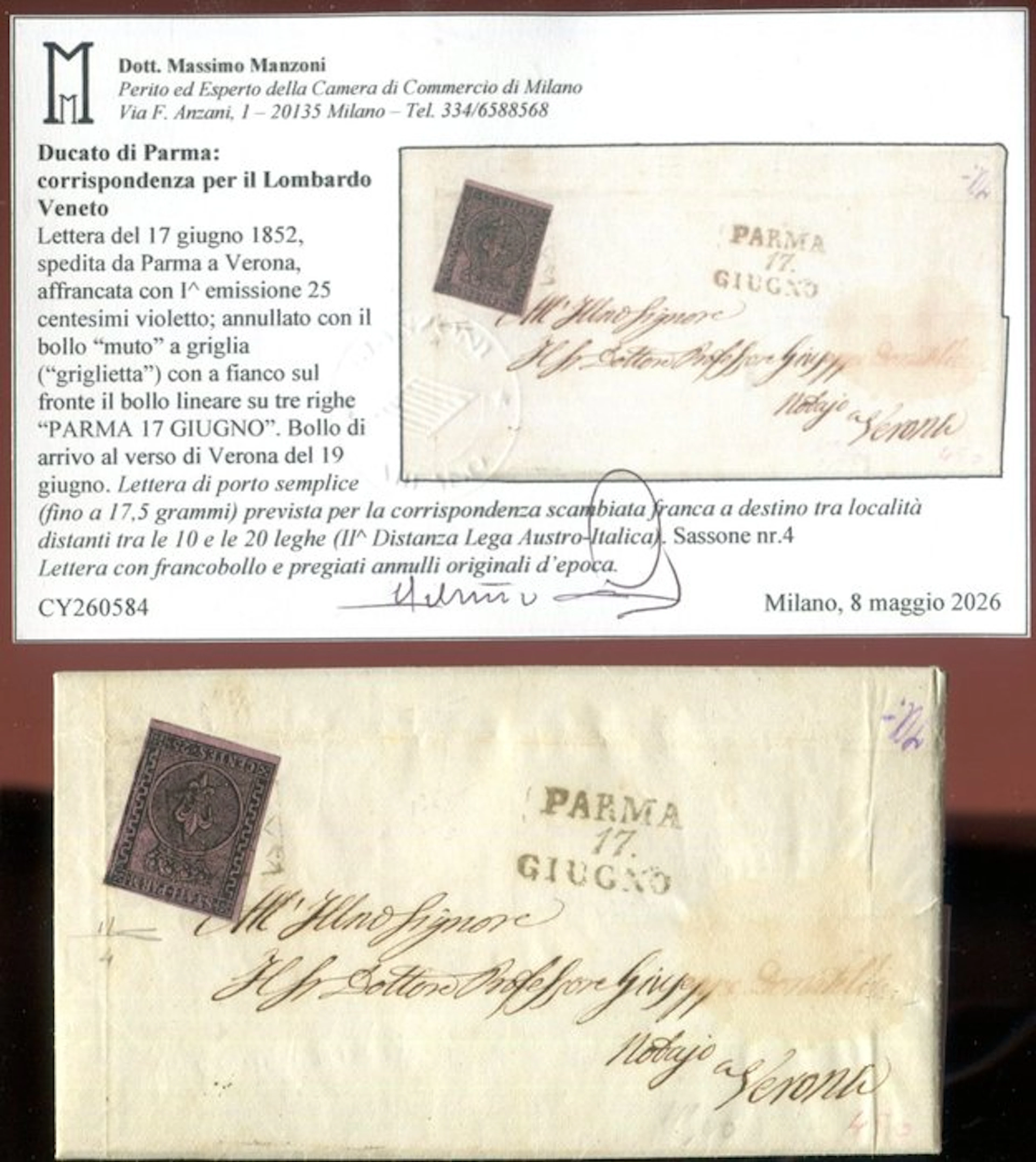 Italian Ancient States - Parma 1852 - Postal relations...