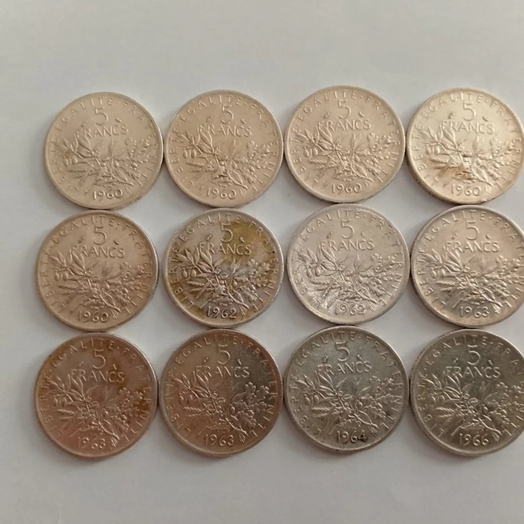 France. 5 Francs 1960 à 1966 Semeuse (lot de 12 monnaies en argent)