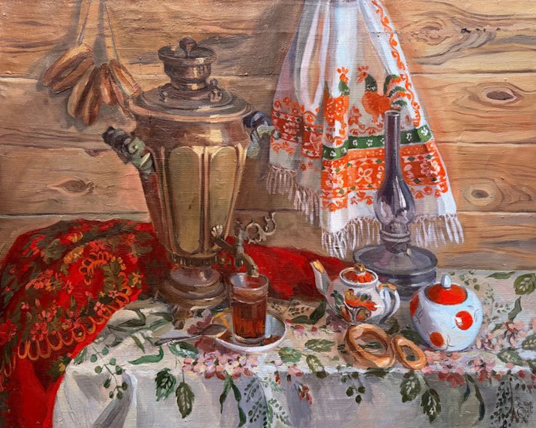 Olga Andreeva (1965) - Le Thé au Samovar – Intérieur Russe Traditionnel