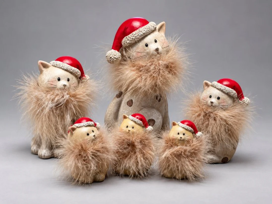 Statue, Kerstkatten met kerstmutsen – Familie van 6 - 16 cm - Composite