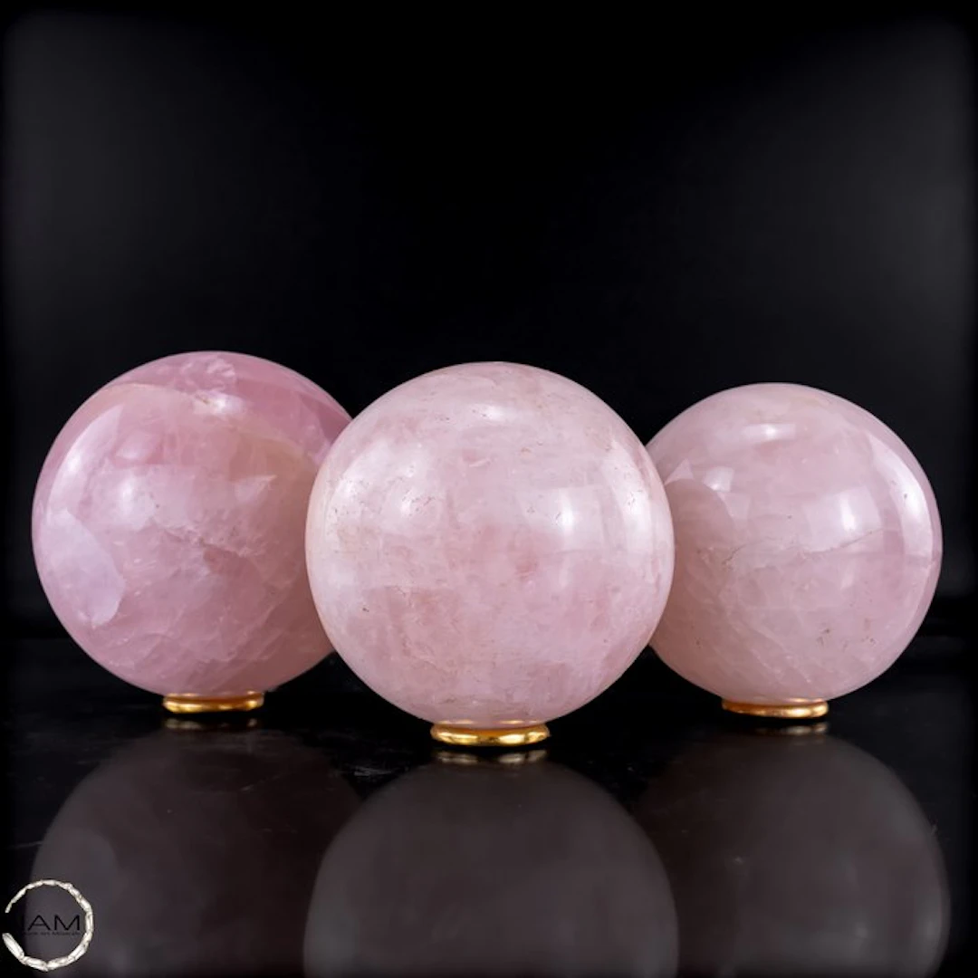 Rose Quartz & Fire Quartz Ball Trio – Three one-of-a-kind...