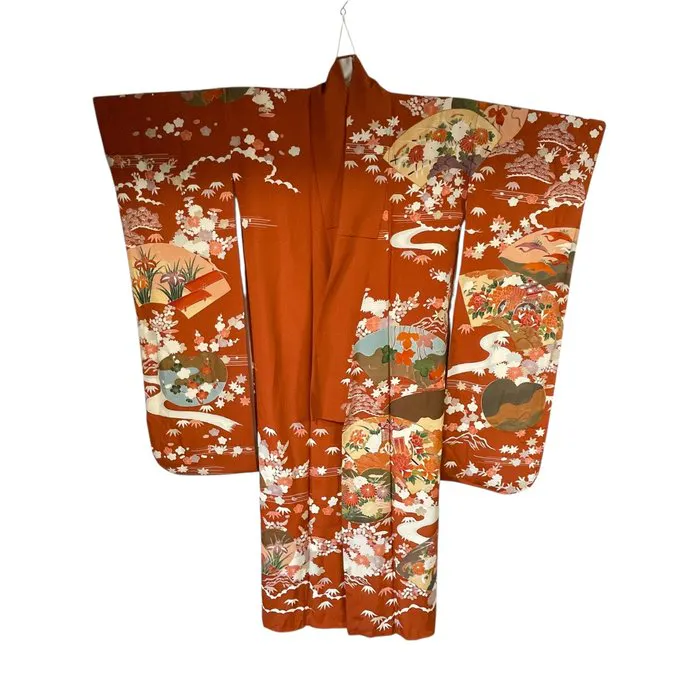 Burnt Orange Furisode Kimono with Four Seasons Landscape