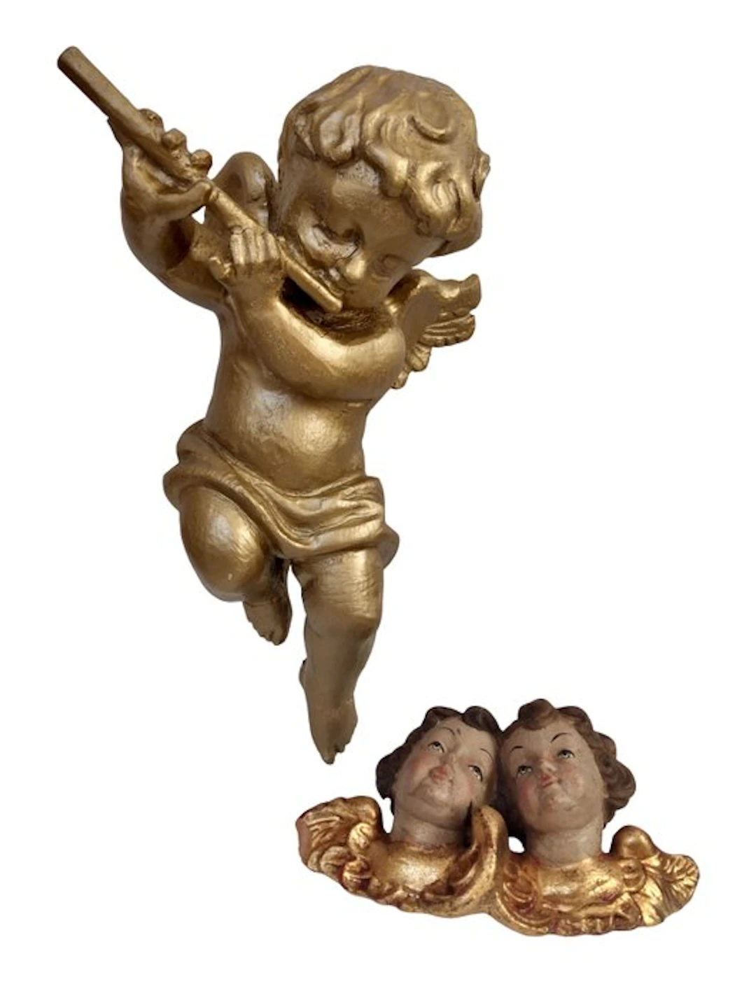 Carving, Holzfigur Goldener Engel mit Querflöte + farbige...