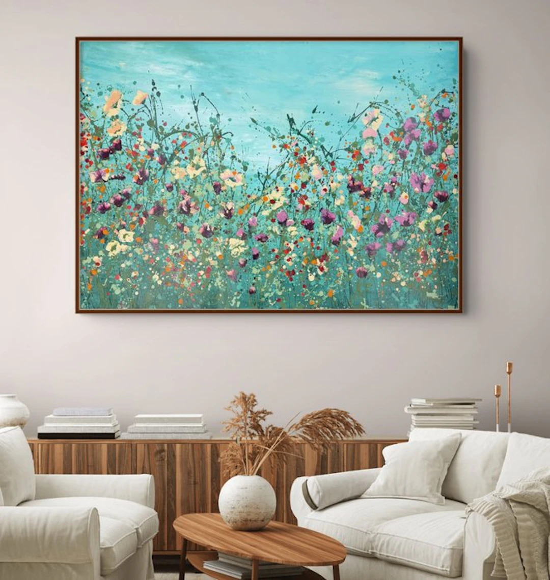 Irina Morisch - Turquoise dreams- XXL original floral art on linen-