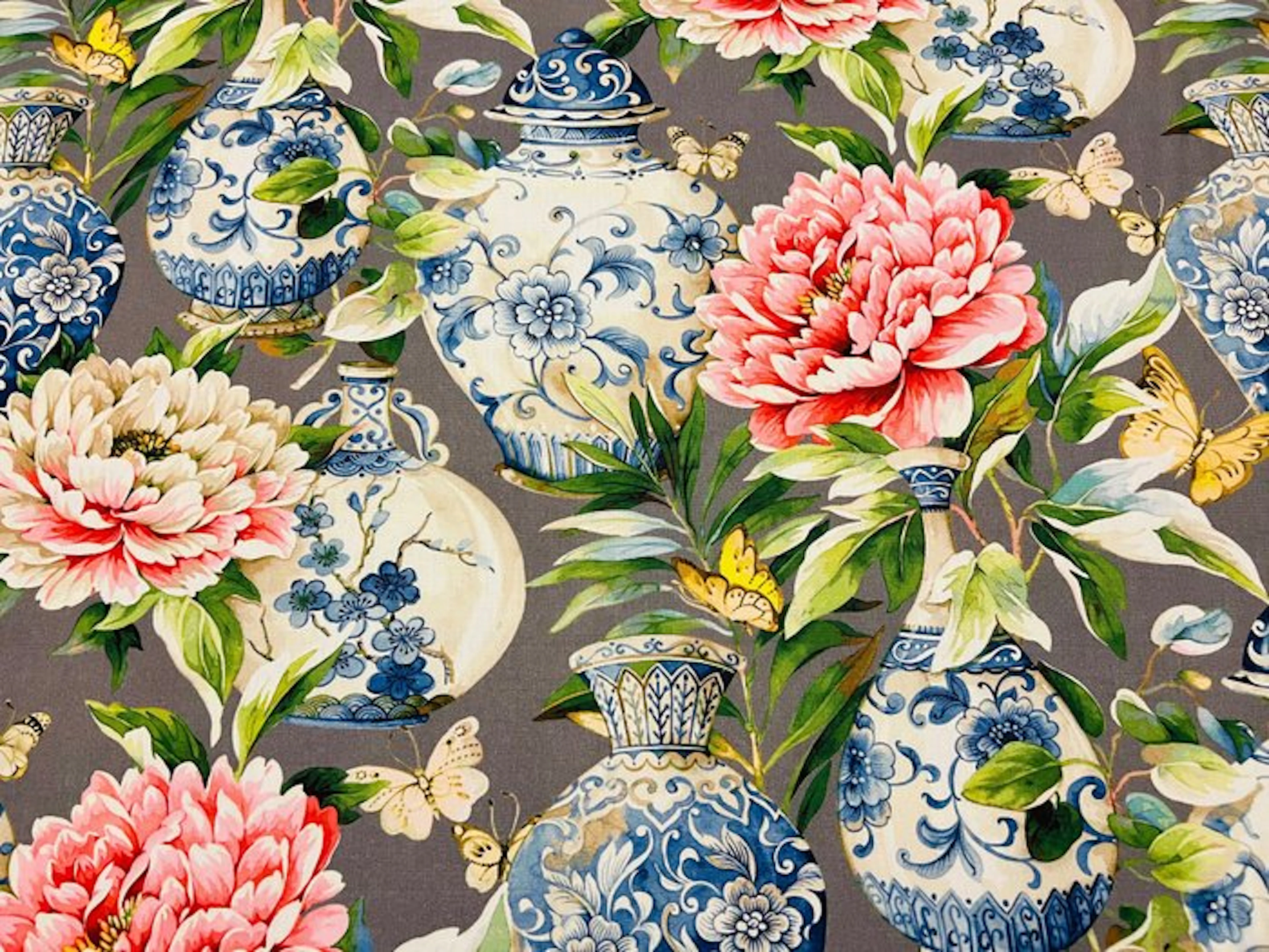 Cotton Panama fabric 'Peonies & Imperial Porcelains' –...