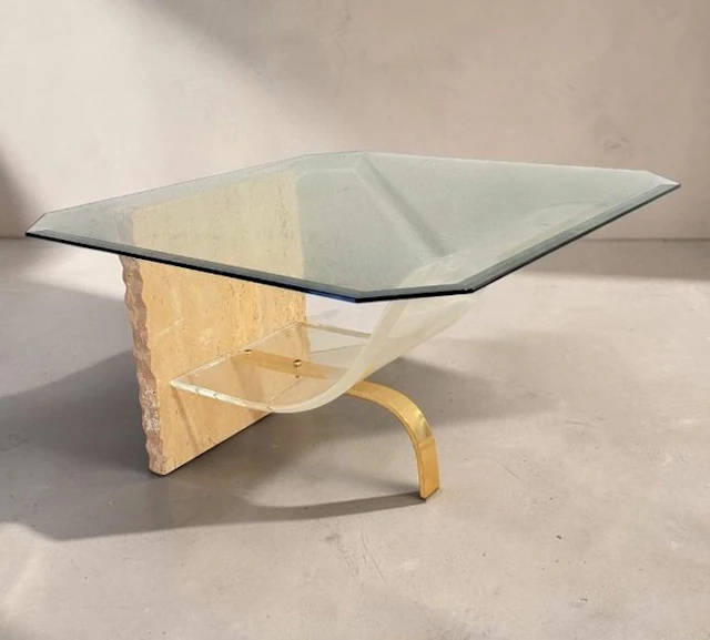 Side table - Travertine - Stone, Brass - Postmodern-design travertine table.