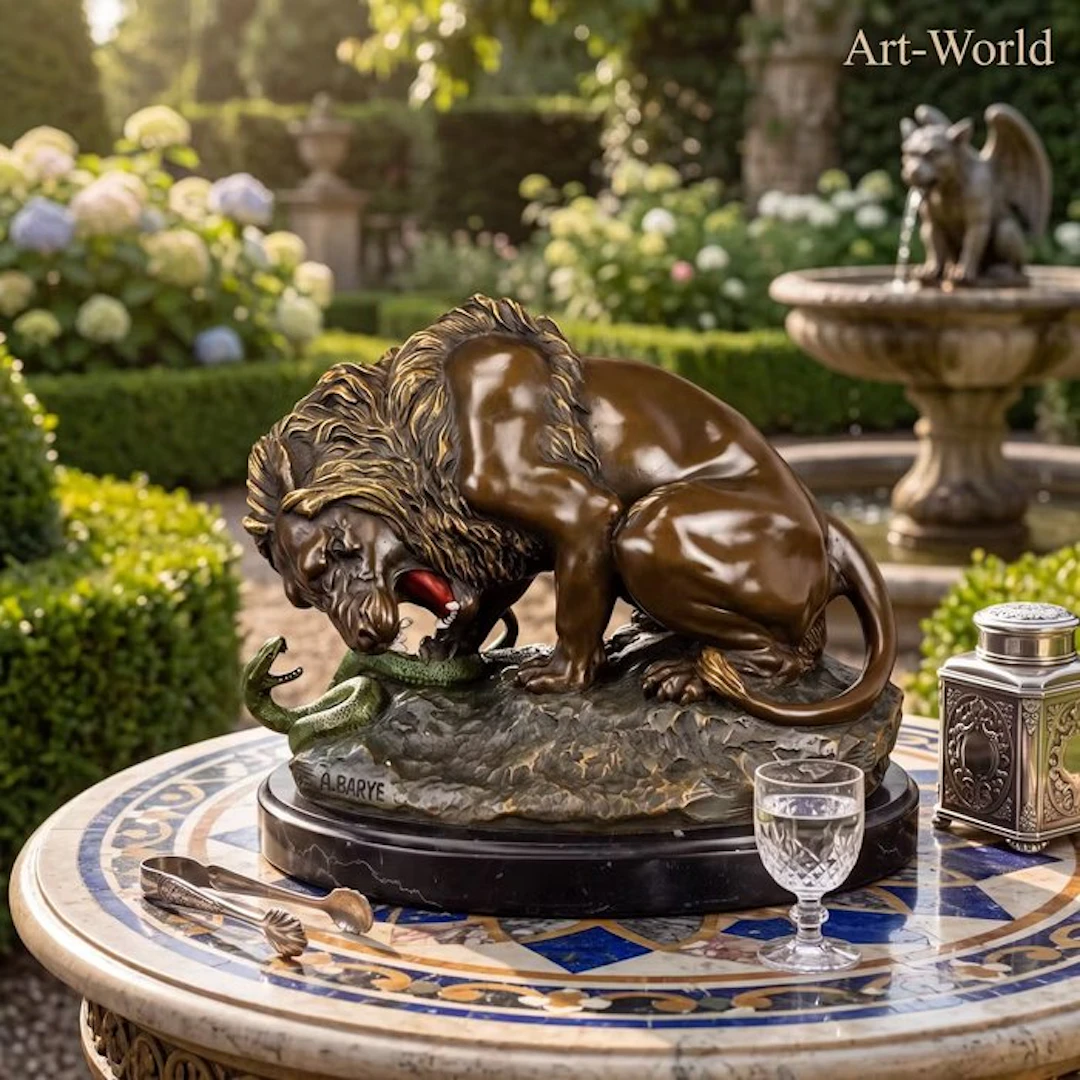 Statue, Exclusief standbeeld: Leeuw met slang 29 cm / 9.2 kg - 24 cm - Bronze