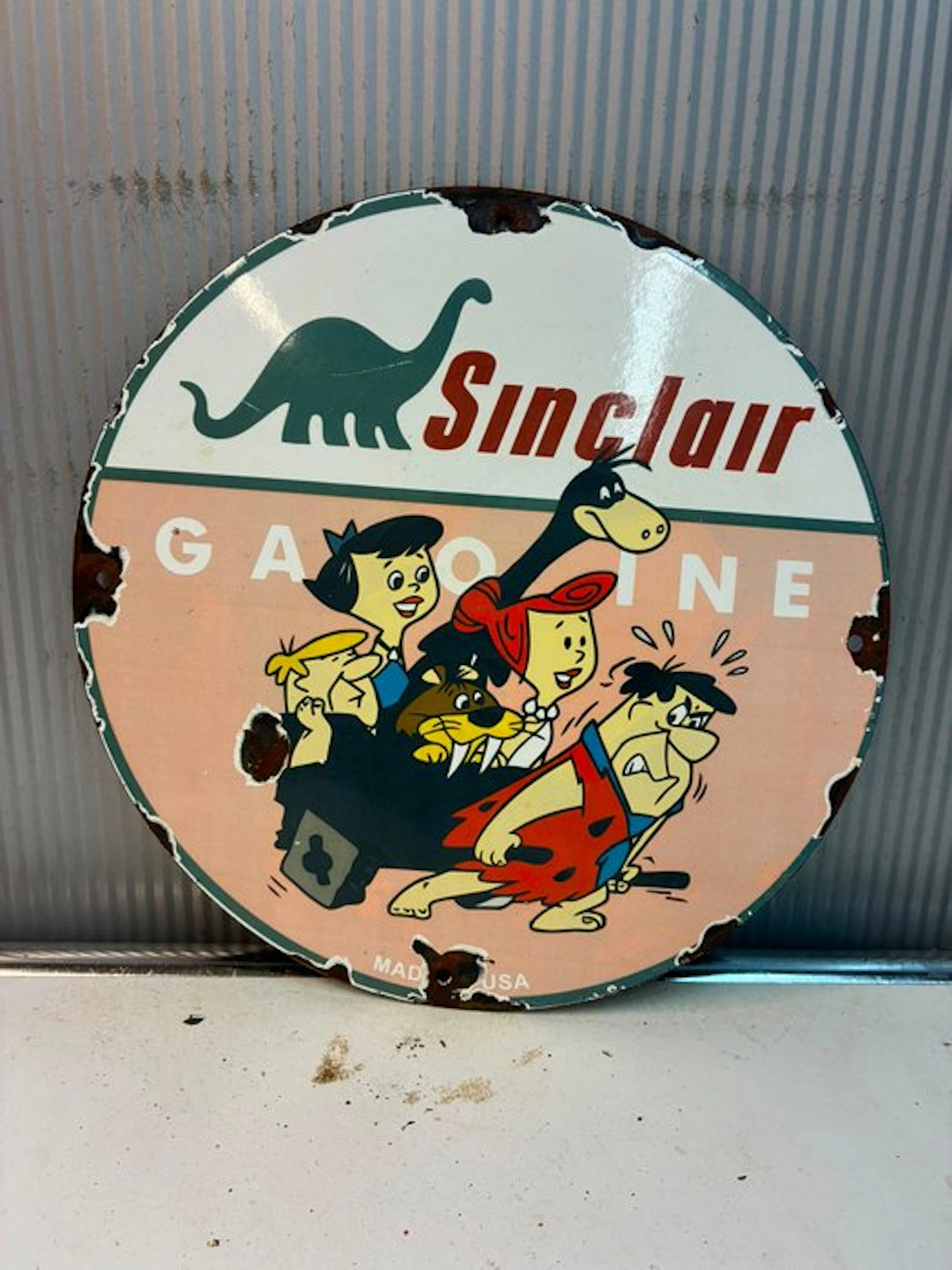 Sinclair Gasoline Enamel Sign with The Flintstones - Enamel sign - Enamel