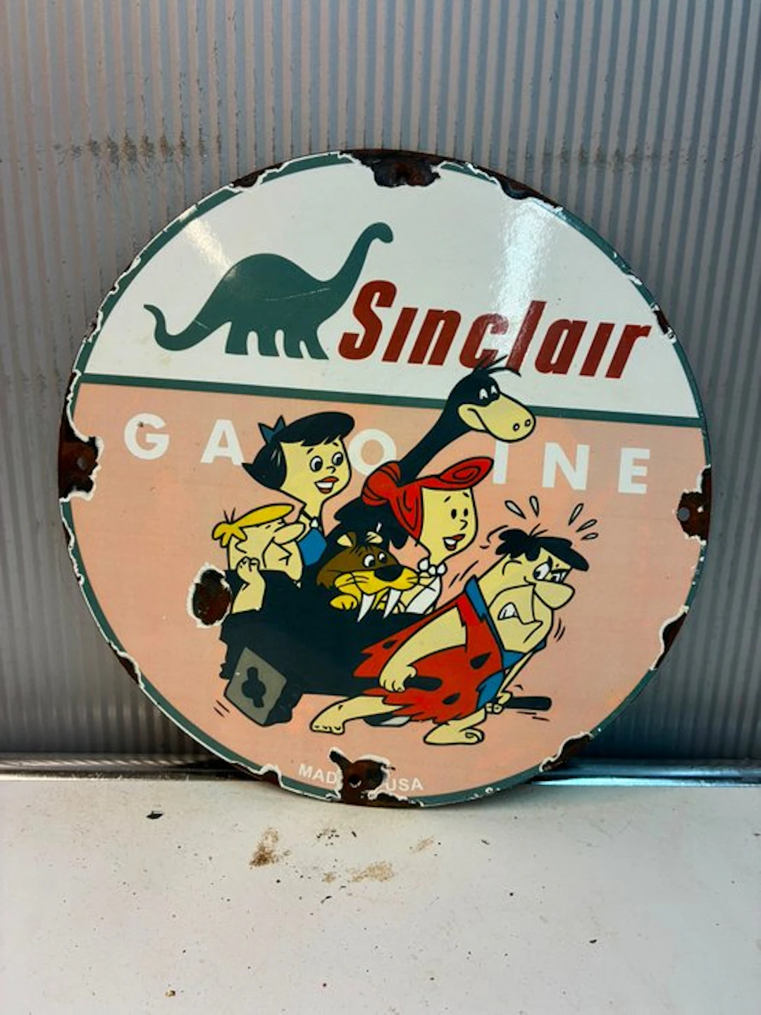 Sinclair Gasoline Enamel Sign with The Flintstones - Enamel sign - Enamel