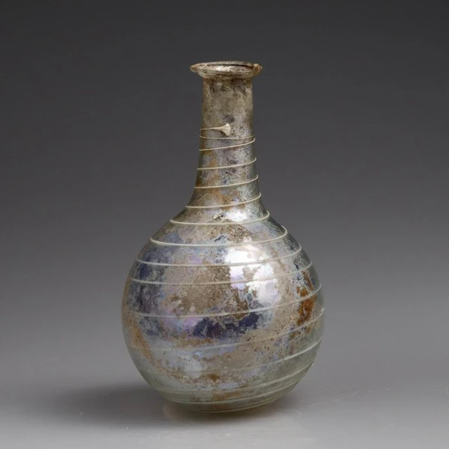 Ancient Roman Glass spiral-decorated bottle - 110 mm