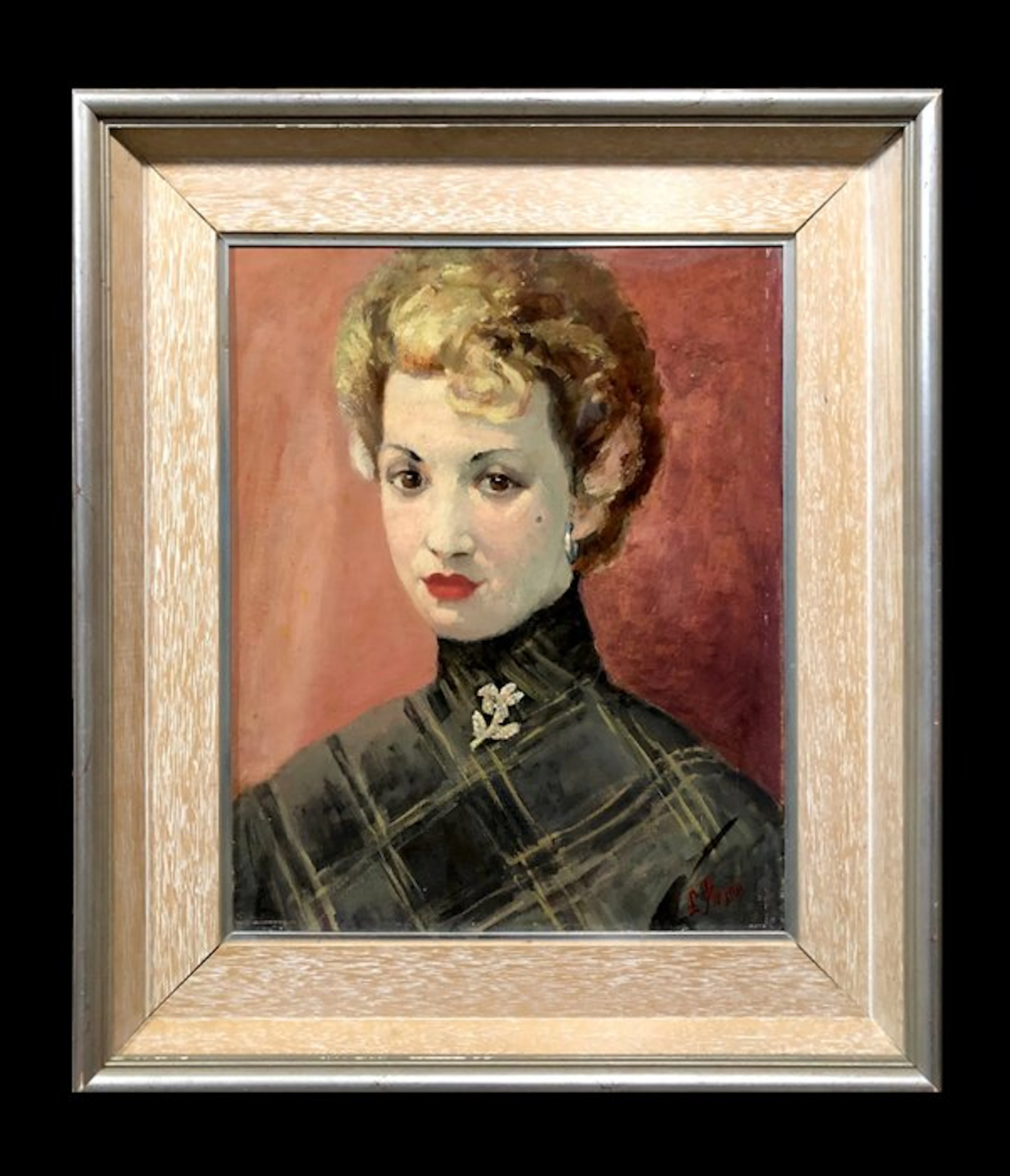 Laurent Pirson (c. 1950) - Portrait of a Lady in a Checkered Dress