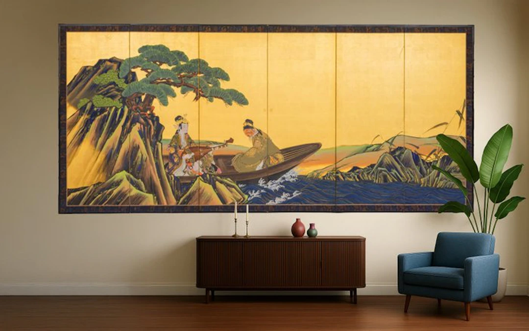 Folding screen with deities Benzaiten & Jurôjin - Lacquered wood