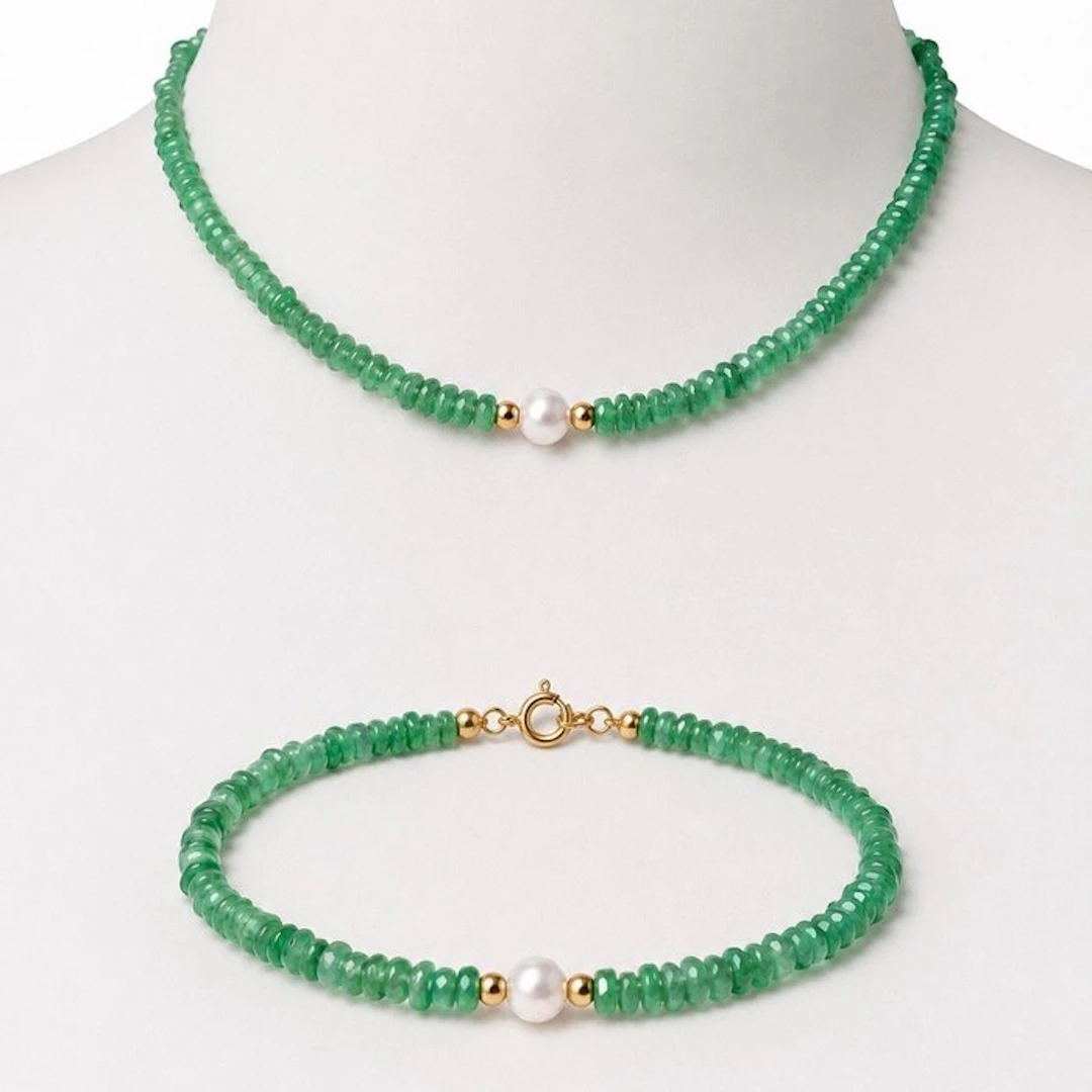 No reserve price - Necklace - 18 kt. Yellow gold Emerald - Pearl