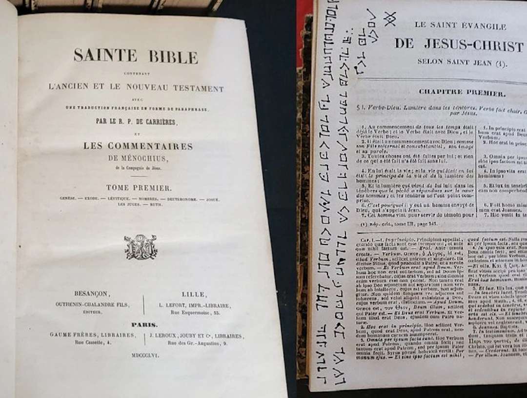 Sainte Bible de 1856,Inscription en alphabet maçonnique...