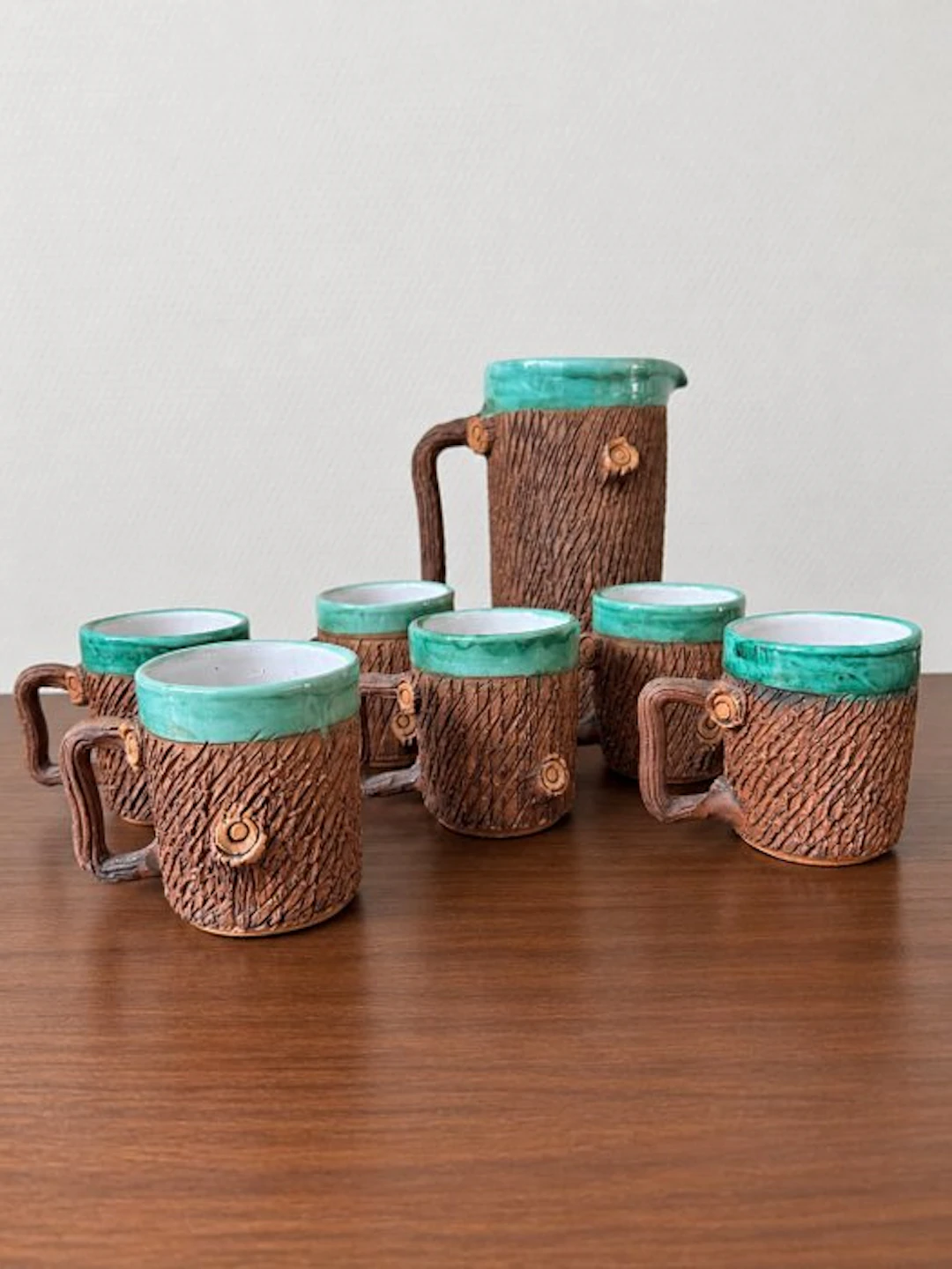 Barbotine - Drinking service (7) - Terracotta - Tree-trunk water pitcher, cups