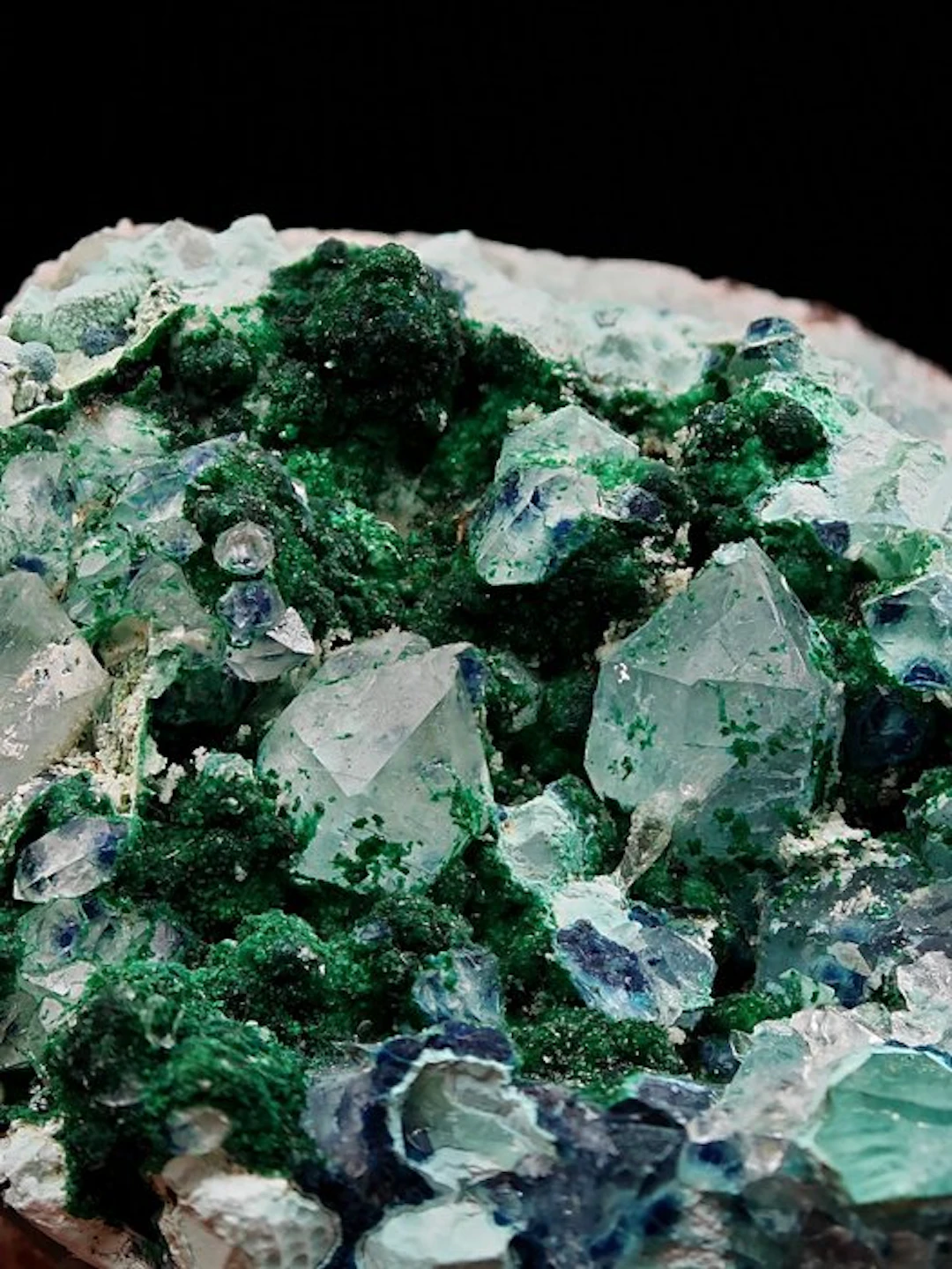 RARE BLUE SHATTUCKITE on GREEN MALACHITE and QUARTZ