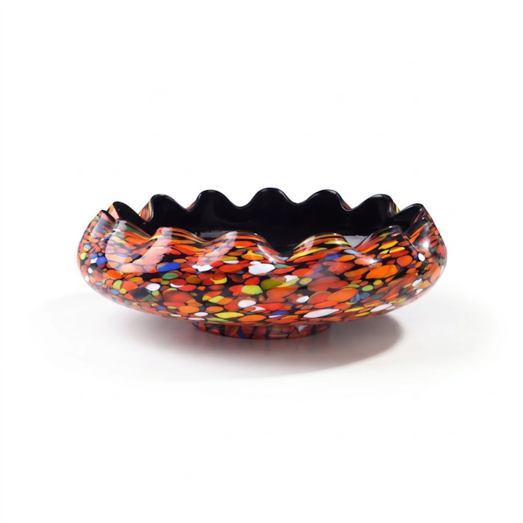 Vase - Colored confetti spatter glass on black • crimped wavy rim