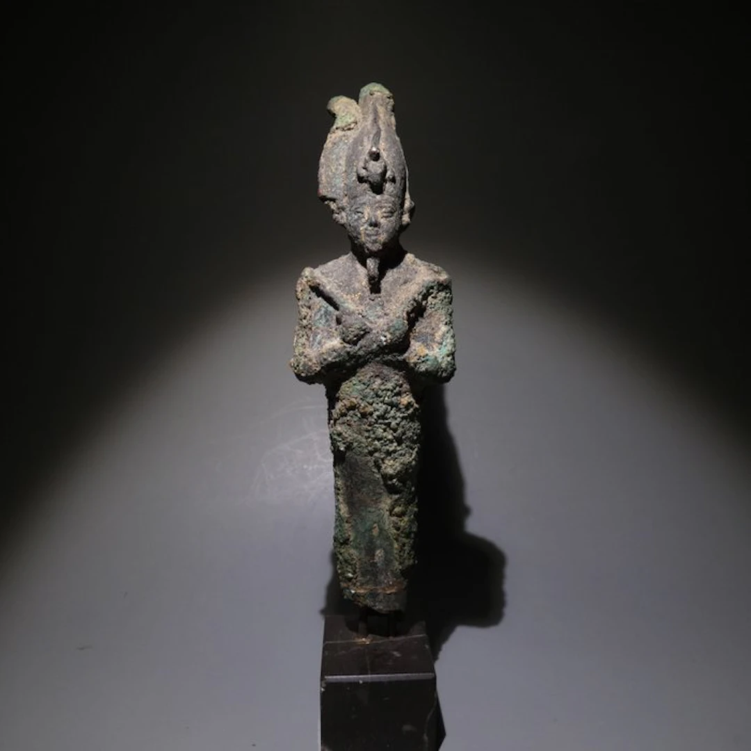 Ancient Egyptian Bronze Osiris God Sculpture. 15.5 H. Late Period, 664 - 332 BC