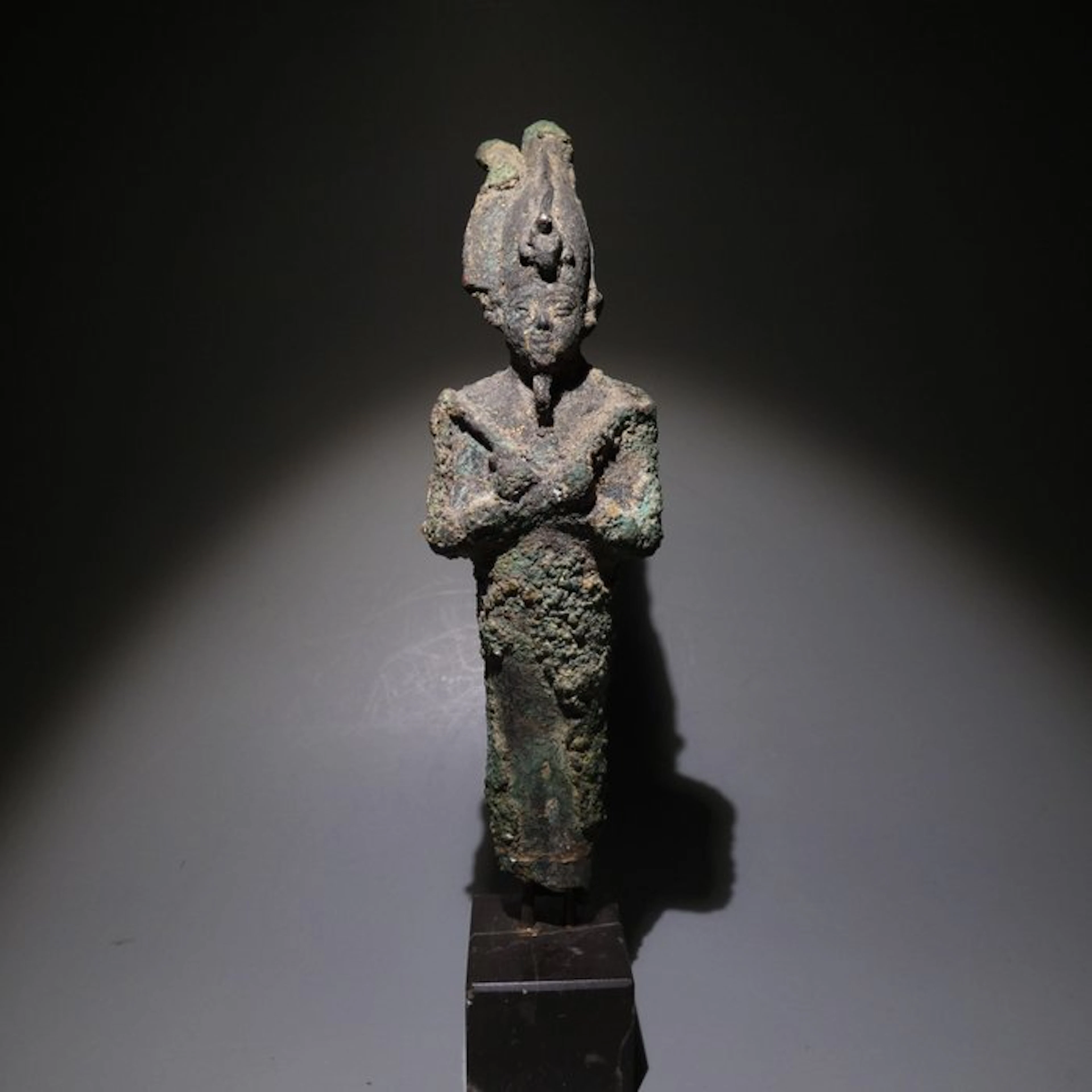 Ancient Egyptian Bronze Osiris God Sculpture. 15.5 H. Late Period, 664 - 332 BC
