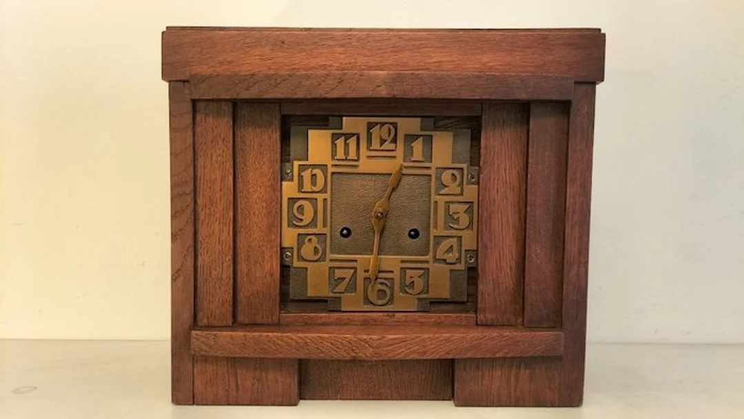 Amsterdam School Clock - Art Deco eiken- messing - 1920-1930