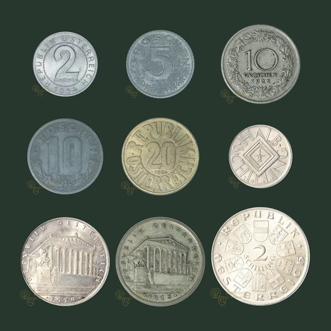 Austria. 2 Groschen t/m 2 Schilling from 1924 until 1957 (9 different