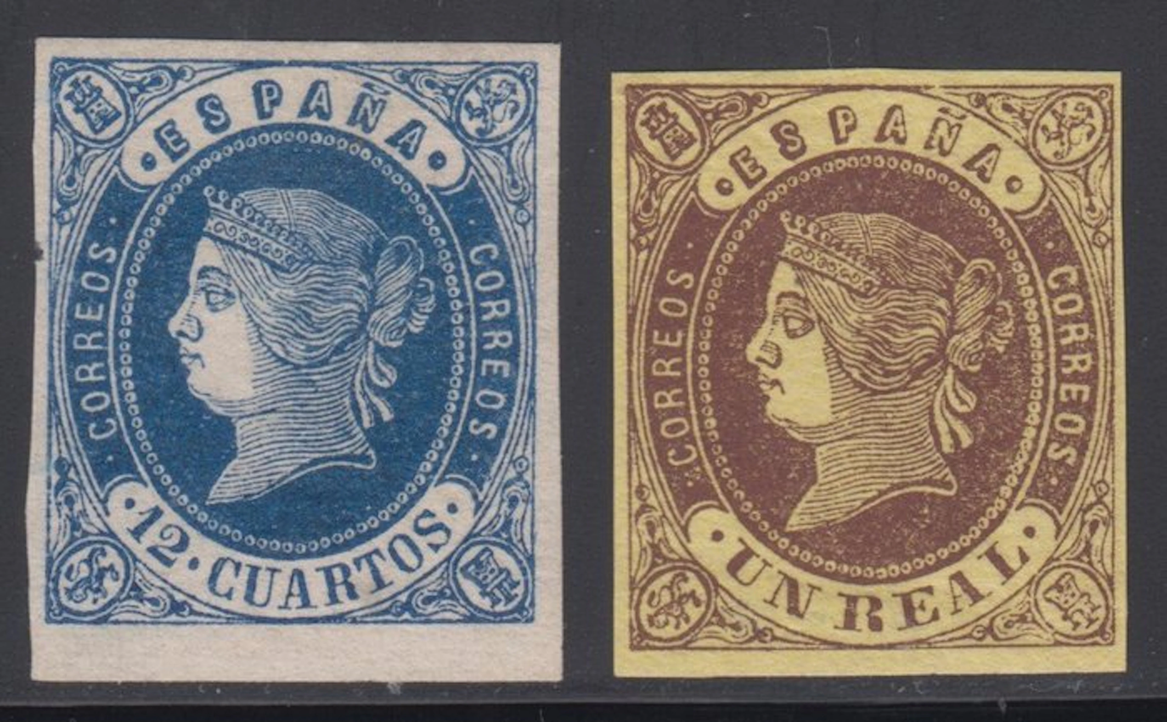 Spain 1862 - Elizabeth II. 12 quarters, blue and 1 real, brown. -