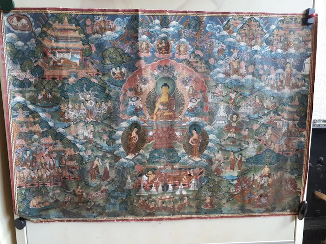 Magnificent Nepalese thangka depicting the evolution of the Buddha