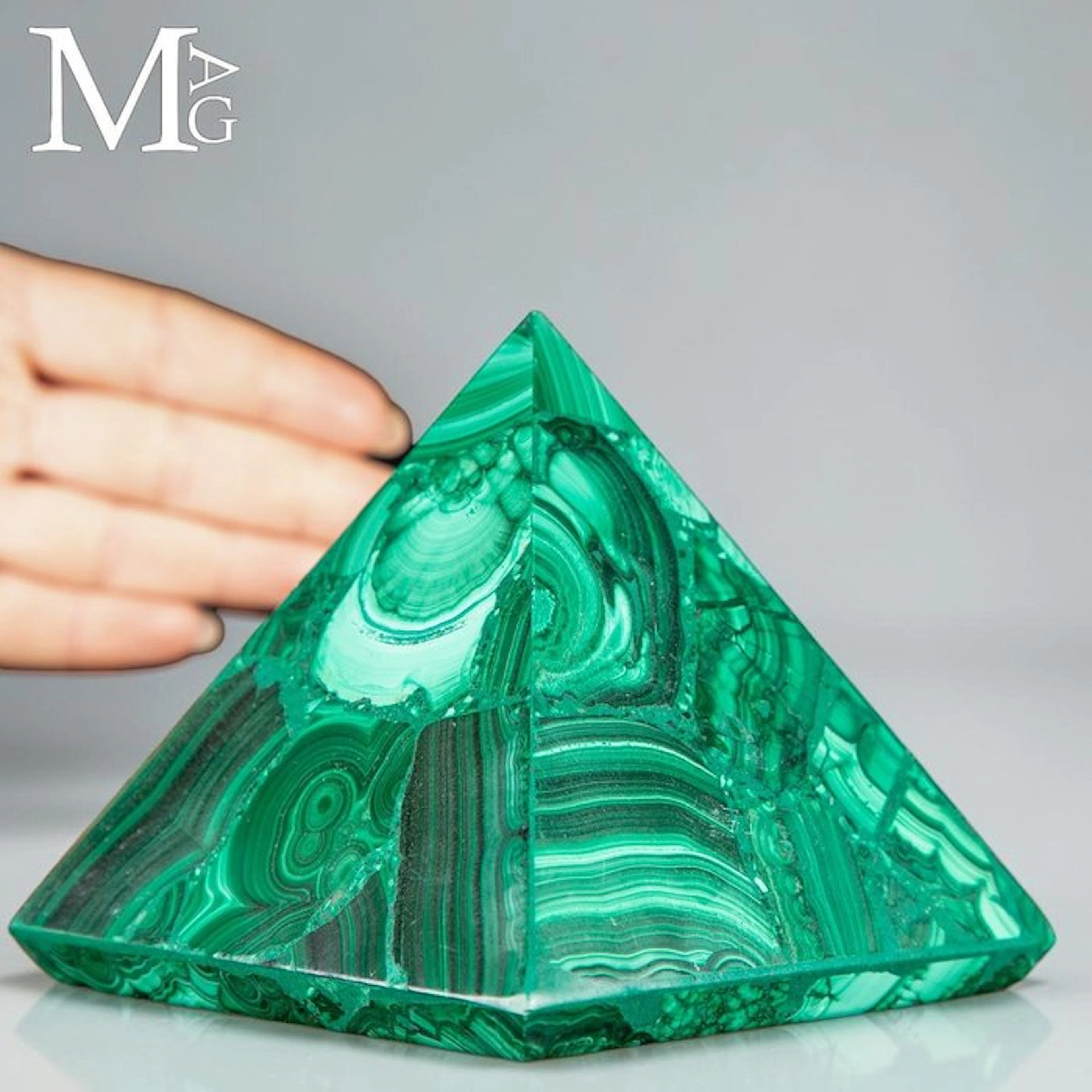 Vivid Green Congolese Malachite Pyramid with Intricate...