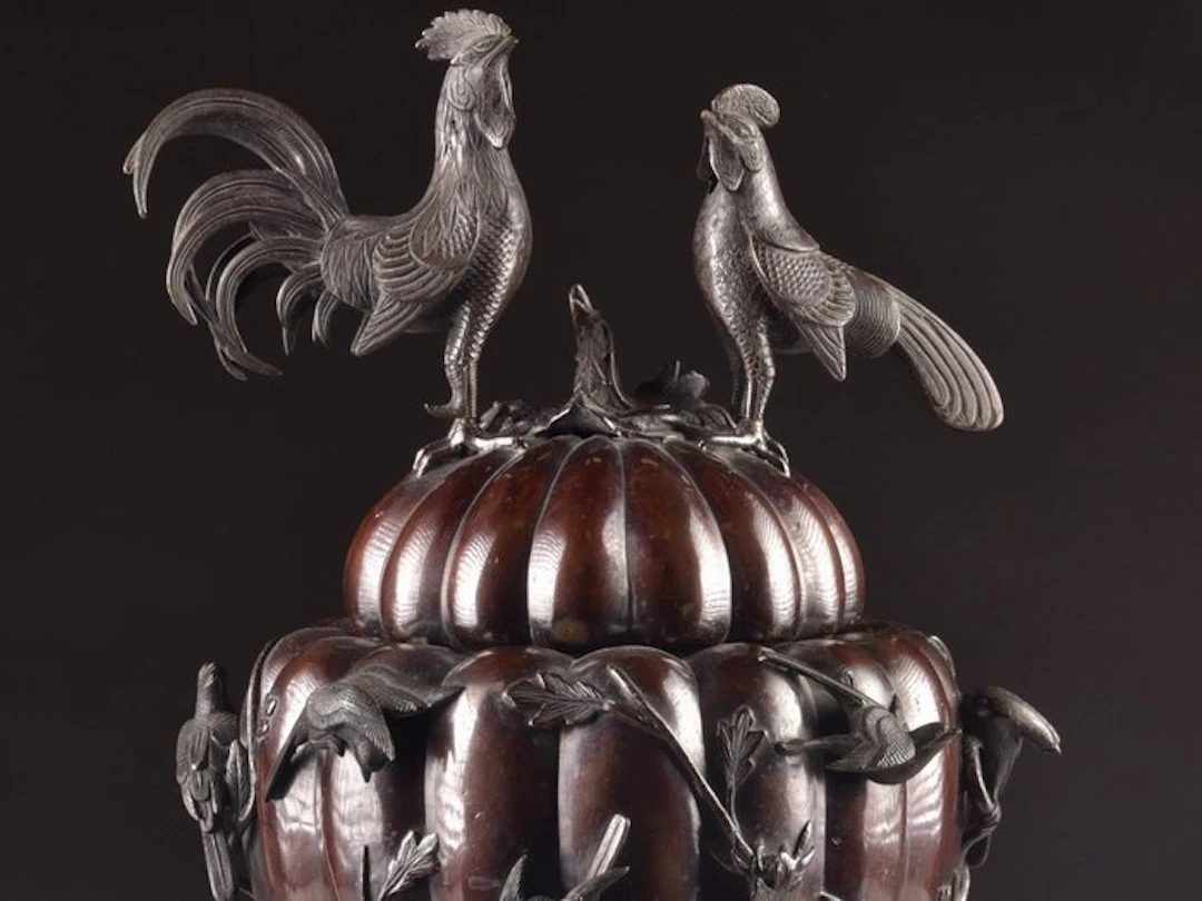 Japanese bronze koro in a pumpkin shape with birds –...